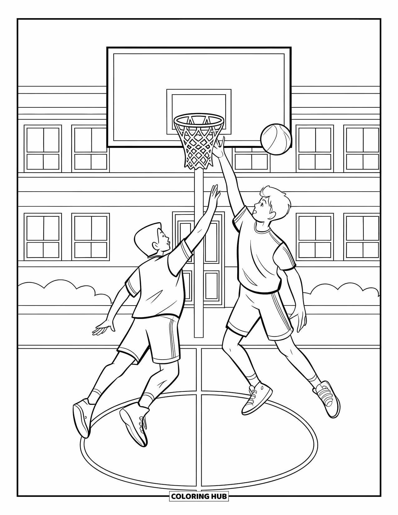 Basketbal Kleurplaat voor Kinderen: Twee tieners staan tegenover elkaar op een halfcourt, de een springt terwijl de ander verdedigt