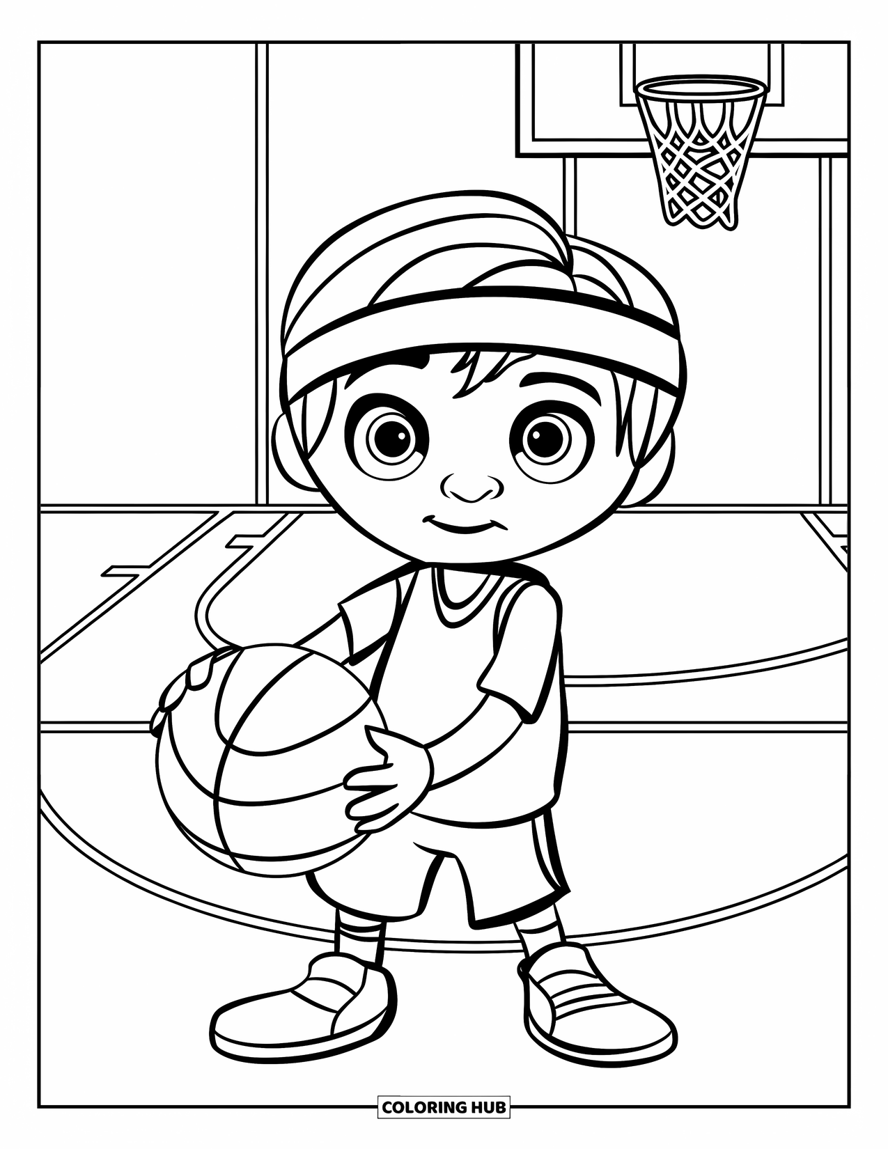 Basketbal Kleurplaat voor Kinderen: Met een bal in de hand staat een kind klaar op het veld