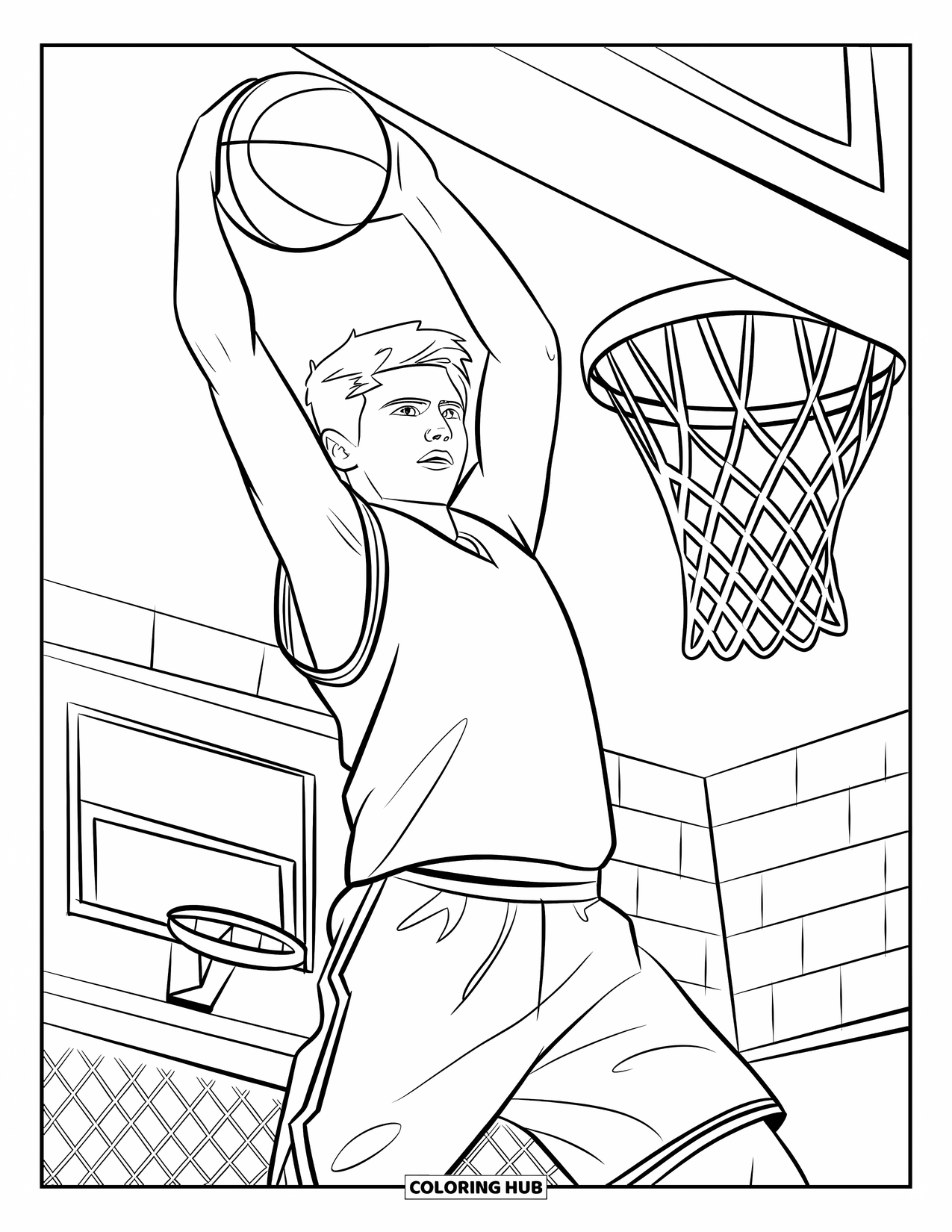 Basketbal Kleurplaat voor Kinderen: Met vastberadenheid springt een tiener hoog voor een slam dunk