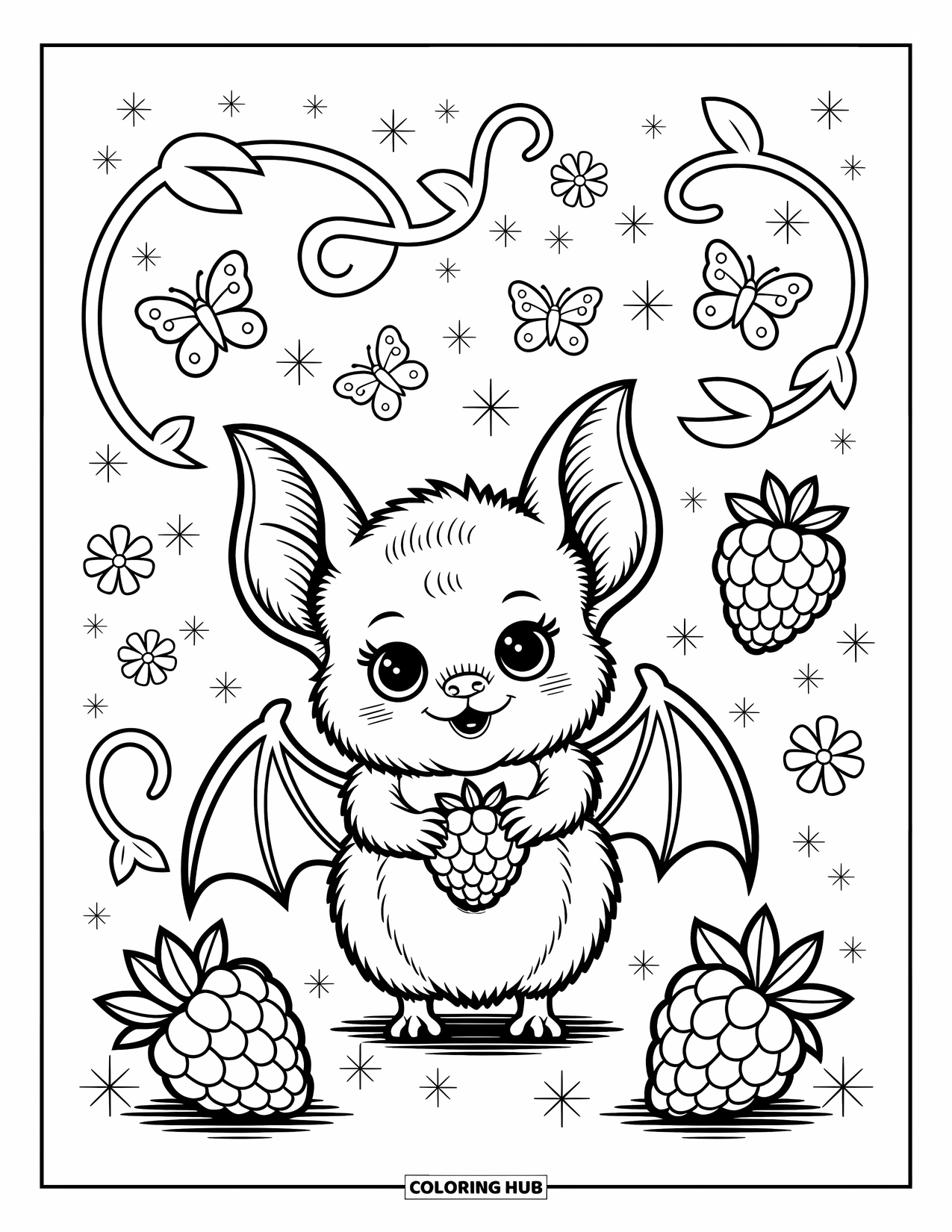 Fledermaus Ausmalbild für Erwachsene: Eine Baby-Fledermaus lugt aus einem Beerenstrauch hervor, hält Himbeeren und ist von Erdbeeren und Schmetterlingen umgeben