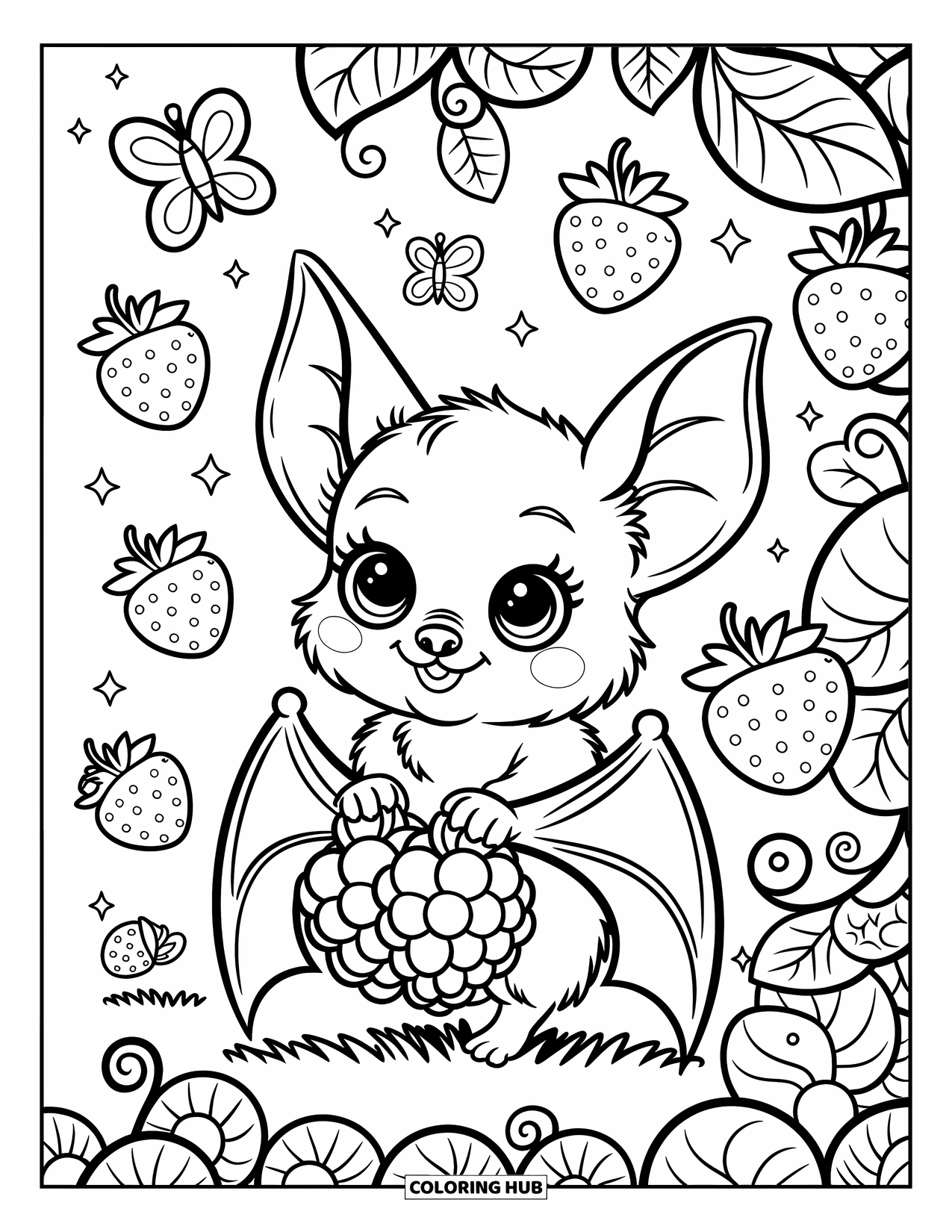 Fledermaus Ausmalbild für Erwachsene: Eine Baby-Fledermaus lugt aus einem Beerenstrauch mit Schmetterlingen, Blumen und funkelnden Erdbeeren hervor