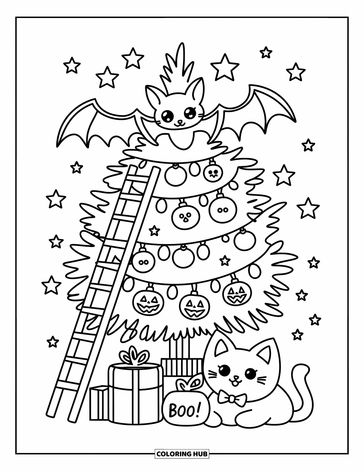 Fledermaus Ausmalbild für Erwachsene: Eine Fledermaus schmückt einen Halloween-Baum, während eine Katze in der Nähe von Geschenken mit der Aufschrift BOO! ruht