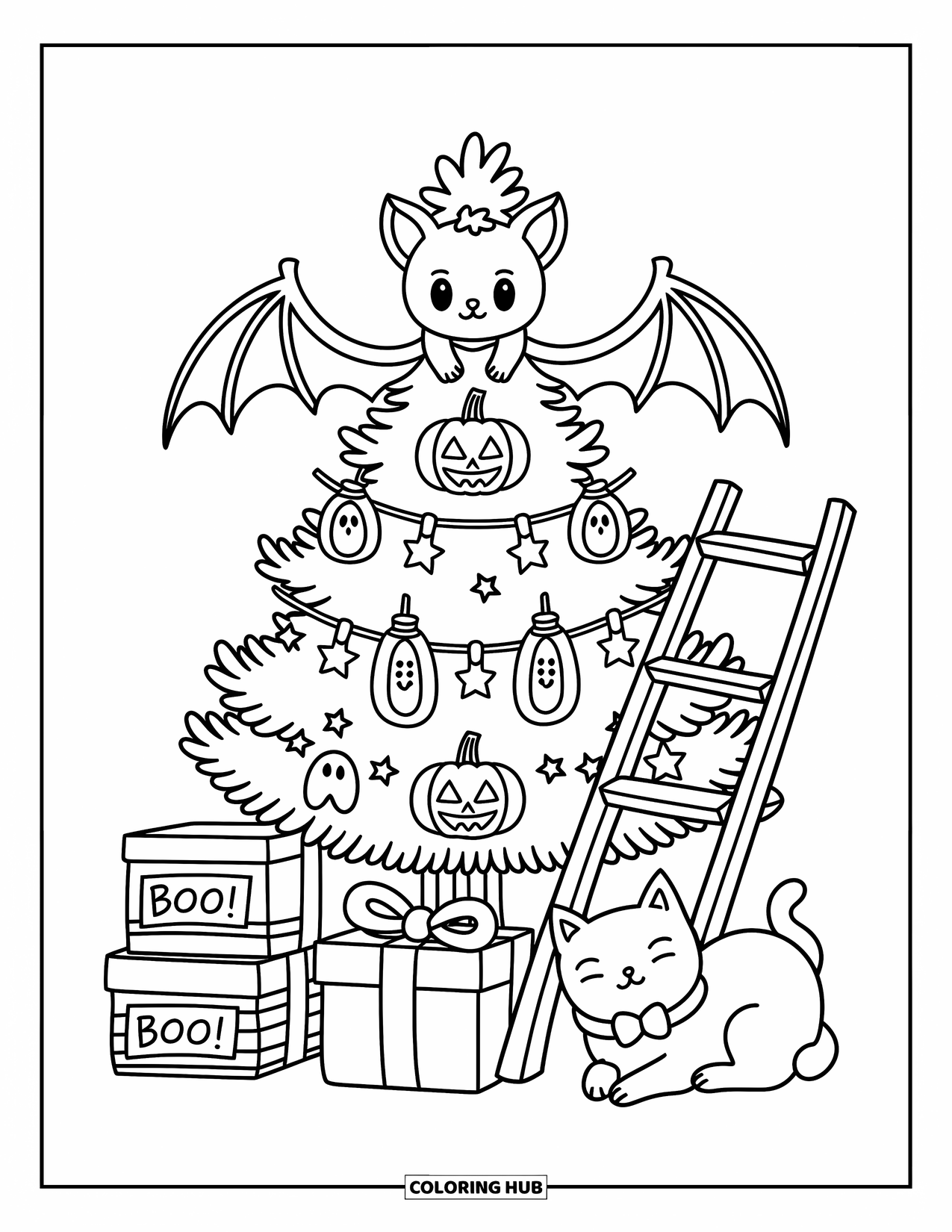 Fledermaus Ausmalbild für Erwachsene: Eine Fledermaus schmückt einen Halloween-Baum mit Sternen und Kürbissen, während eine Katze in der Nähe döst