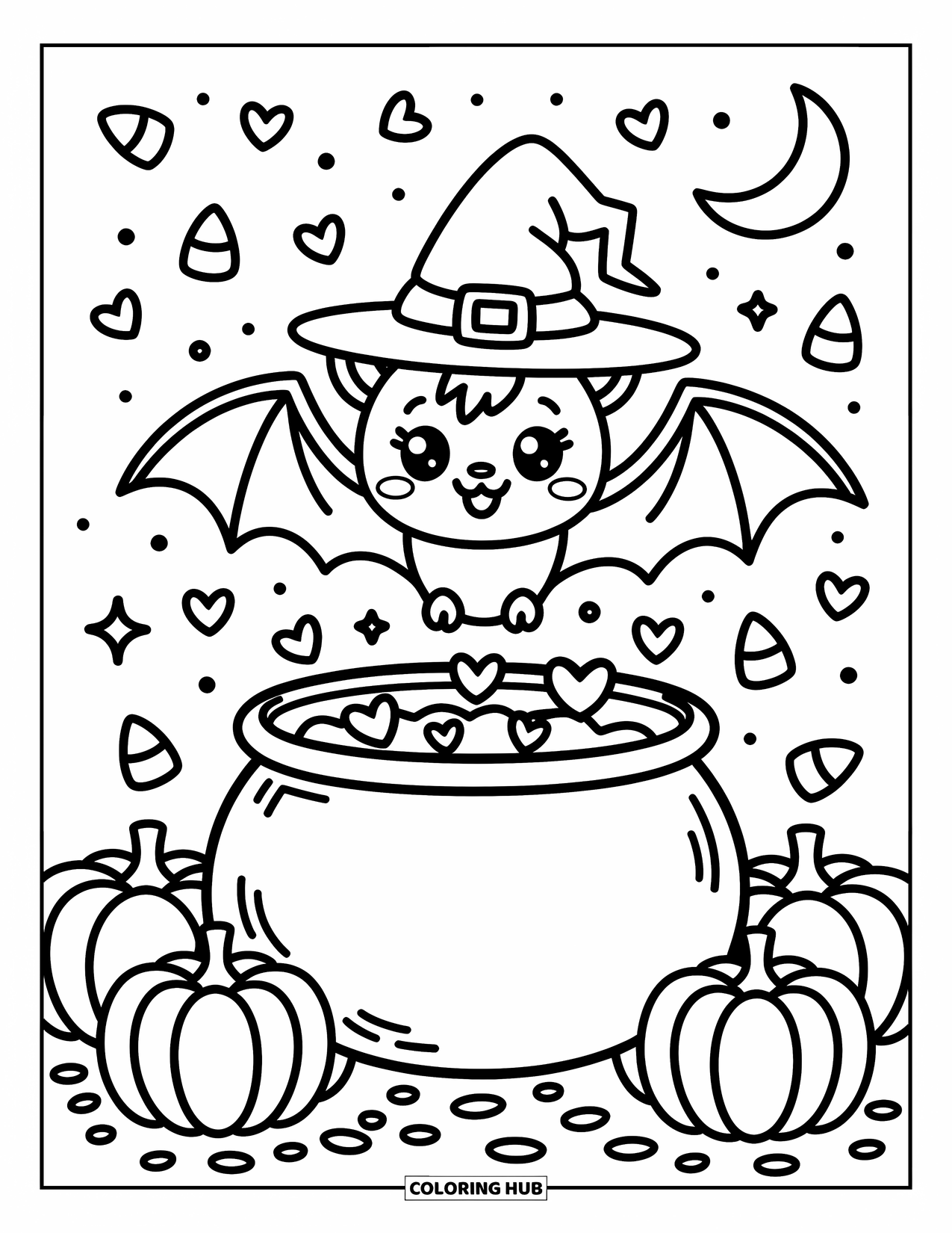 Fledermaus Ausmalbild für Erwachsene: Eine Fledermaus mit Hexenhut flattert um einen Kessel voller blubbernder Herzen und Kürbisse