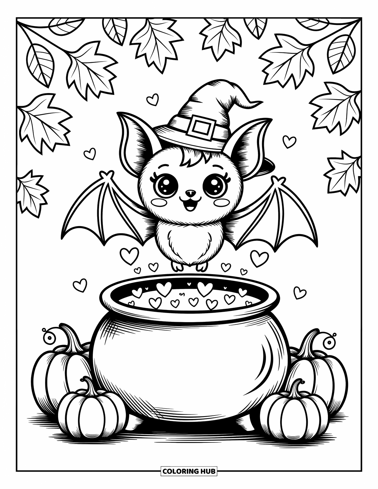 Fledermaus Ausmalbild für Erwachsene: Eine Fledermaus mit Hexenhut schwebt verspielt über einem Kessel, in dem herzförmige Blasen blubbern