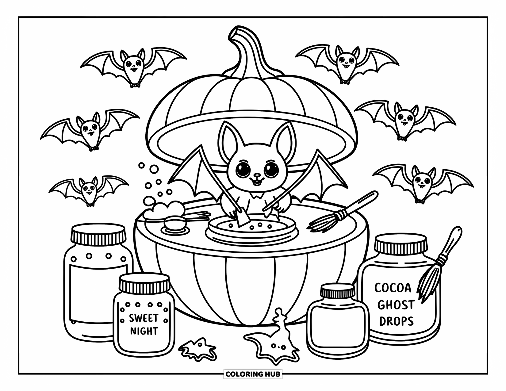 Fledermaus Ausmalbild für Erwachsene: Eine Fledermaus braut Tränke in einem Kürbislabor voller verspielter Gläser und schwebender Besenfledermäuse