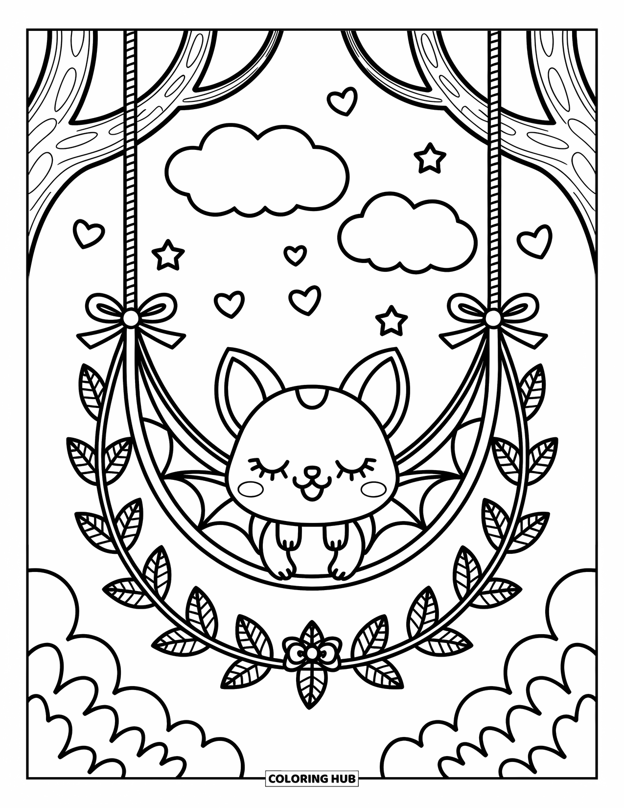Fledermaus Ausmalbild für Erwachsene: Eine Fledermaus döst in einer belaubten Hängematte, umgeben von Sternen, Wolken und winzigen schwebenden Herzen