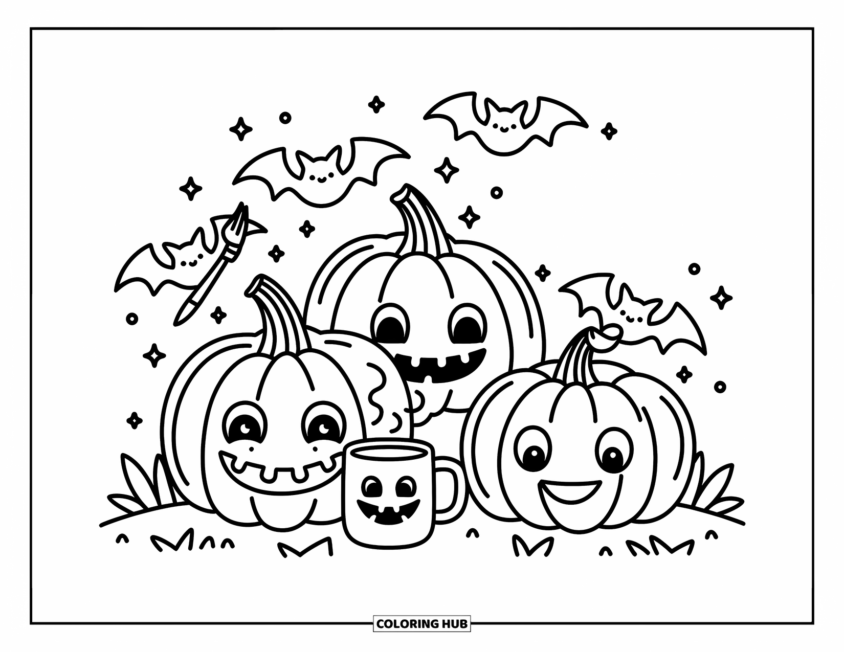 Fledermaus Ausmalbild für Erwachsene: Eine Fledermaus bemalt Kürbislaternen, während eine andere unter dem Mondlicht ein Kürbisgetränk genießt