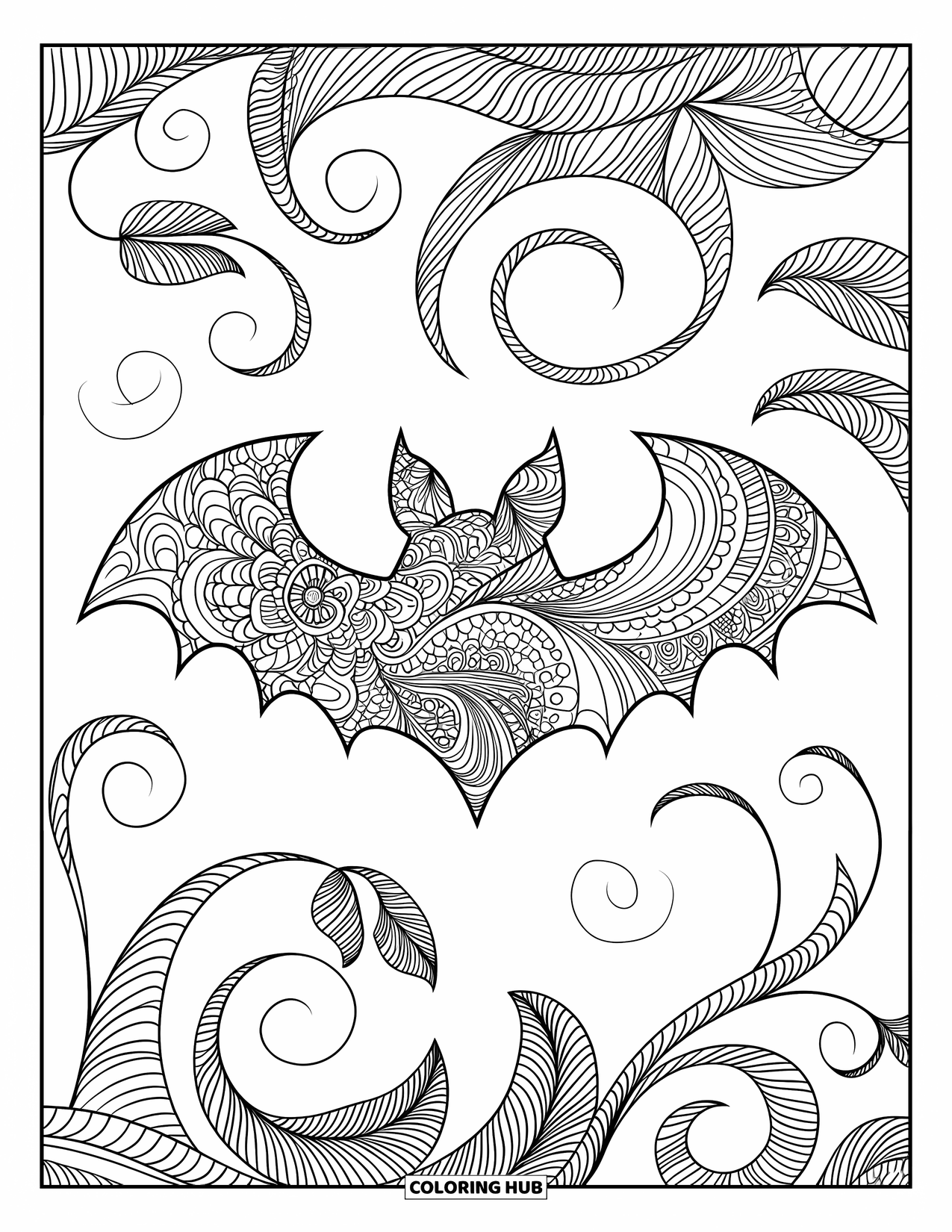Fledermaus Ausmalbild für Erwachsene: Eine Fledermaus-Silhouette ist von floralen Schnörkeln und wirbelnden Zentangle-Mustern umgeben