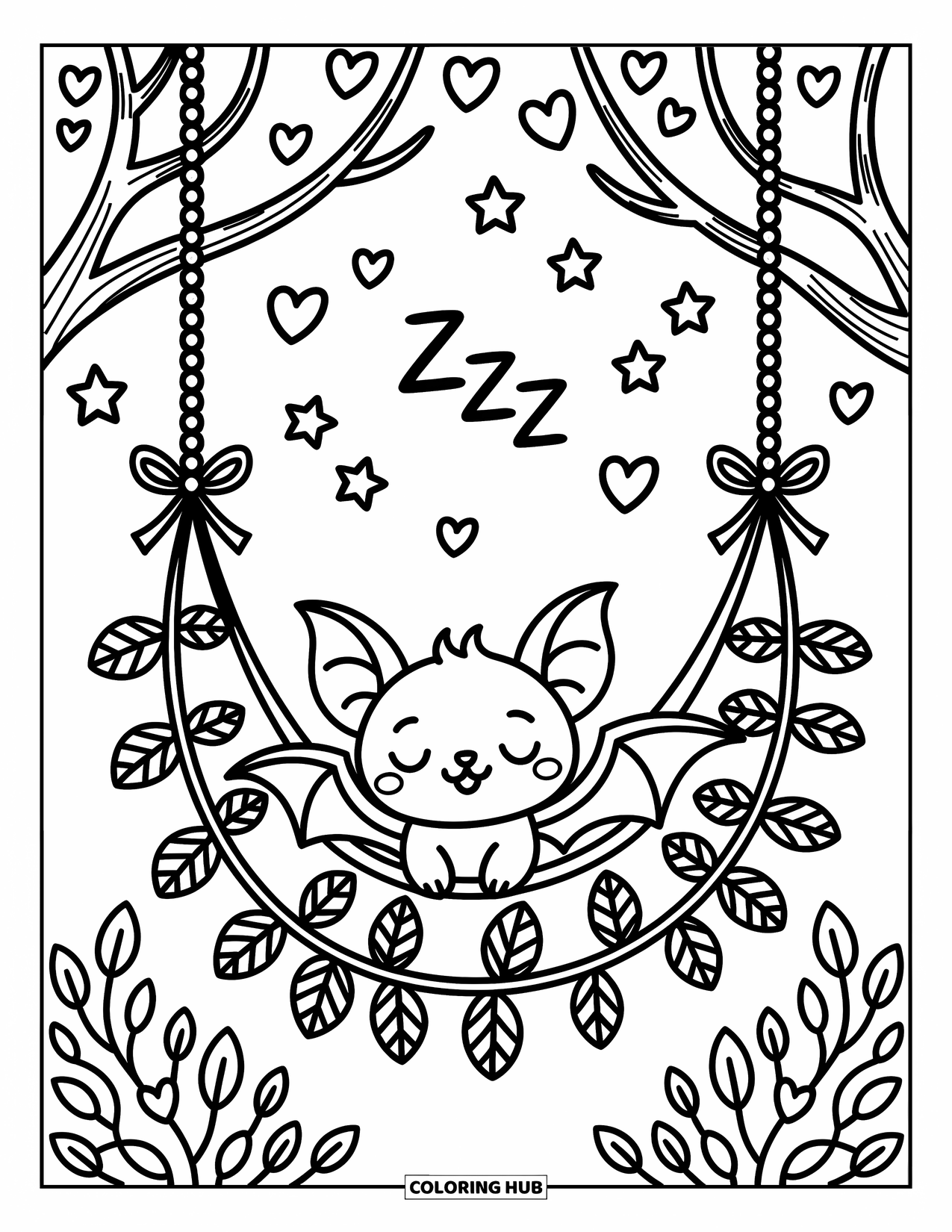 Fledermaus Ausmalbild für Erwachsene: Eine Fledermaus döst in einer Blätterhängematte, die zwischen Ästen unter schwebenden Wolken und Sternen gespannt ist