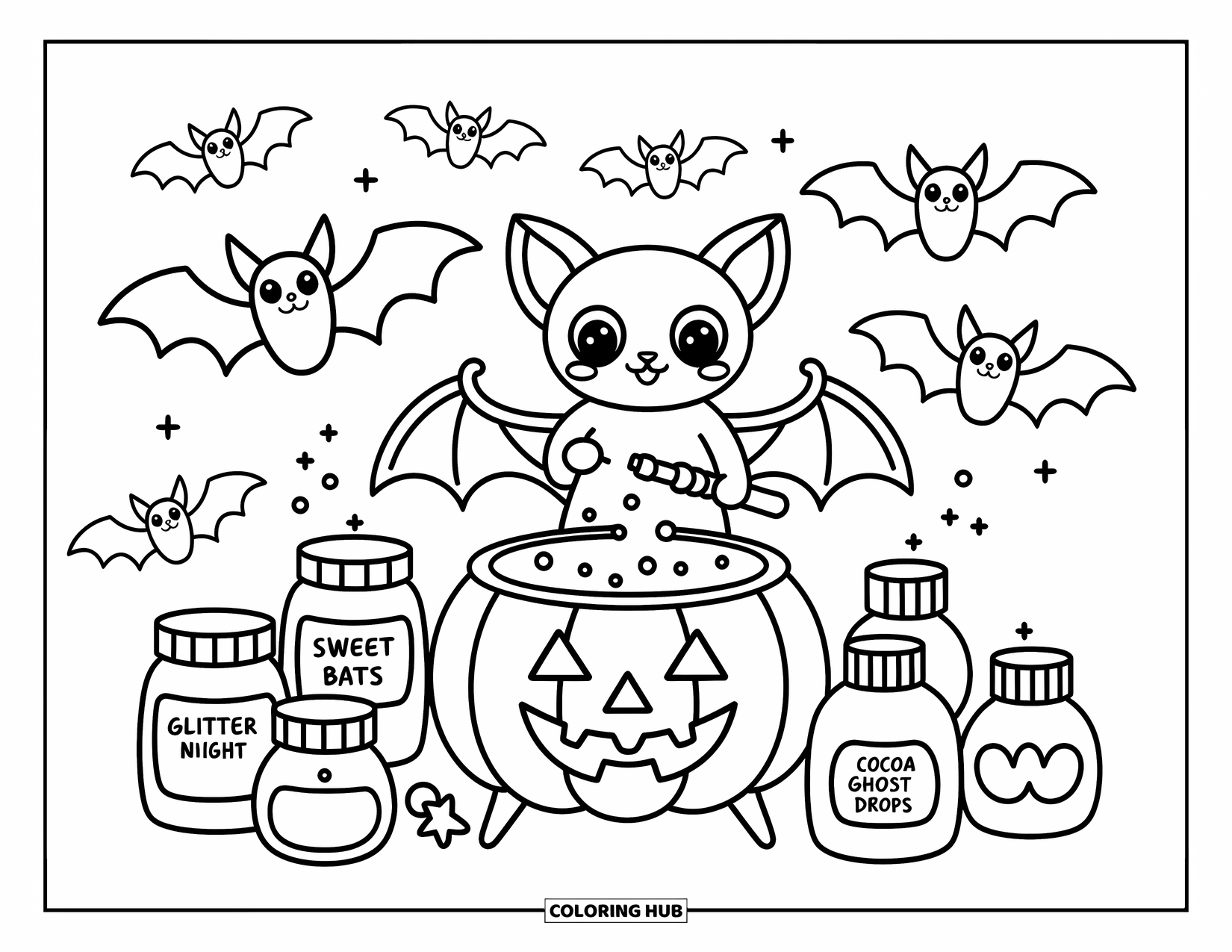 Fledermaus Ausmalbild für Erwachsene: Eine Fledermaus rührt Tränke in einem Kürbislabor, umgeben von Gläsern mit niedlichen, gruseligen Zutaten