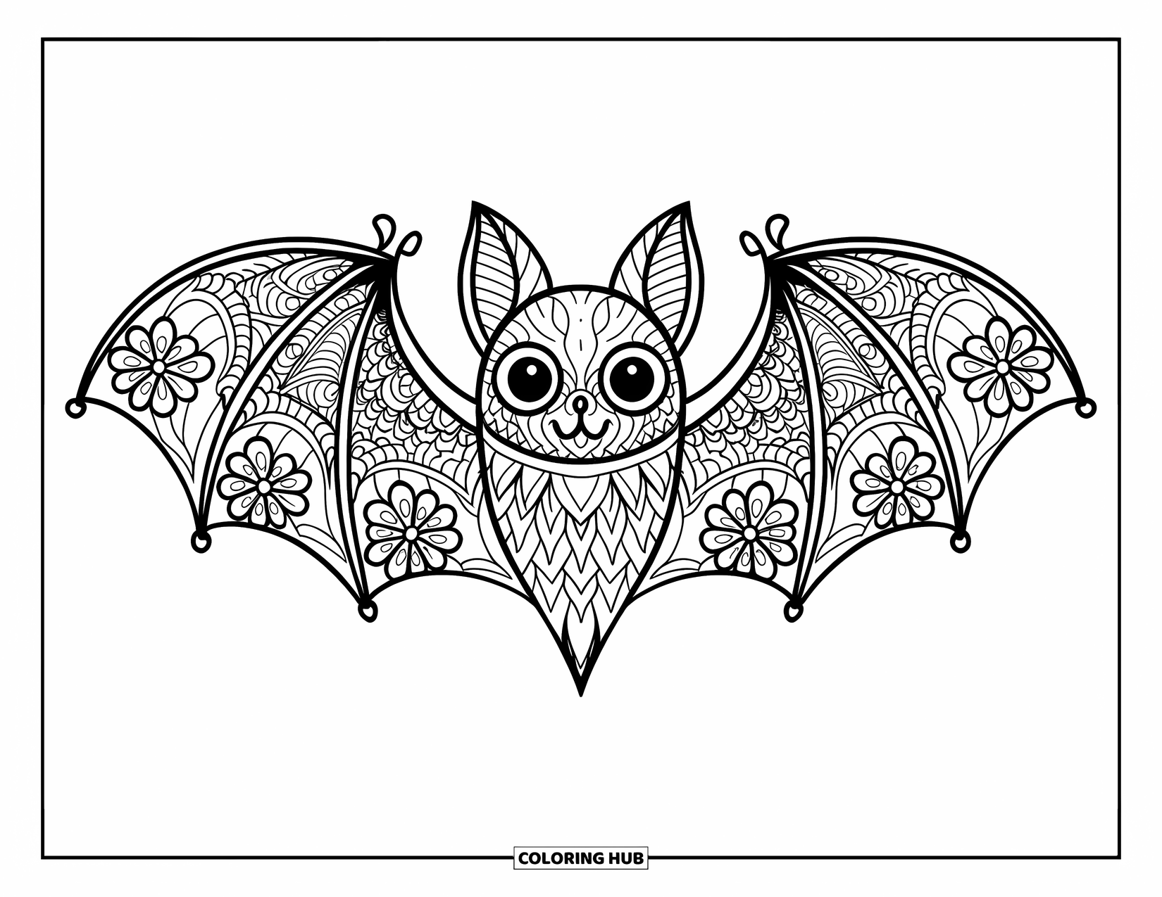 Fledermaus Ausmalbild für Erwachsene: Eine Fledermaus mit detaillierten Flügeln wird von gotischen Mandala-Blumen eingerahmt