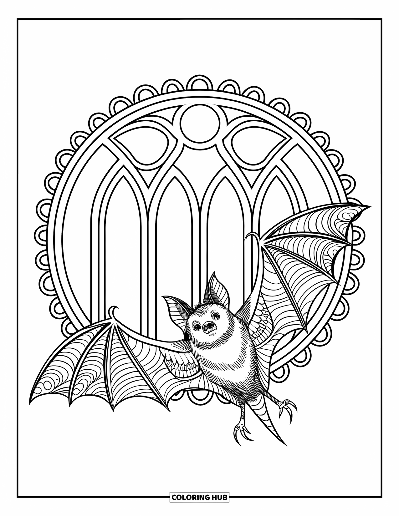 Fledermaus Ausmalbild für Erwachsene: Eine Fledermaus mit gemusterten Flügeln fliegt innerhalb von gotischen Fensterbögen