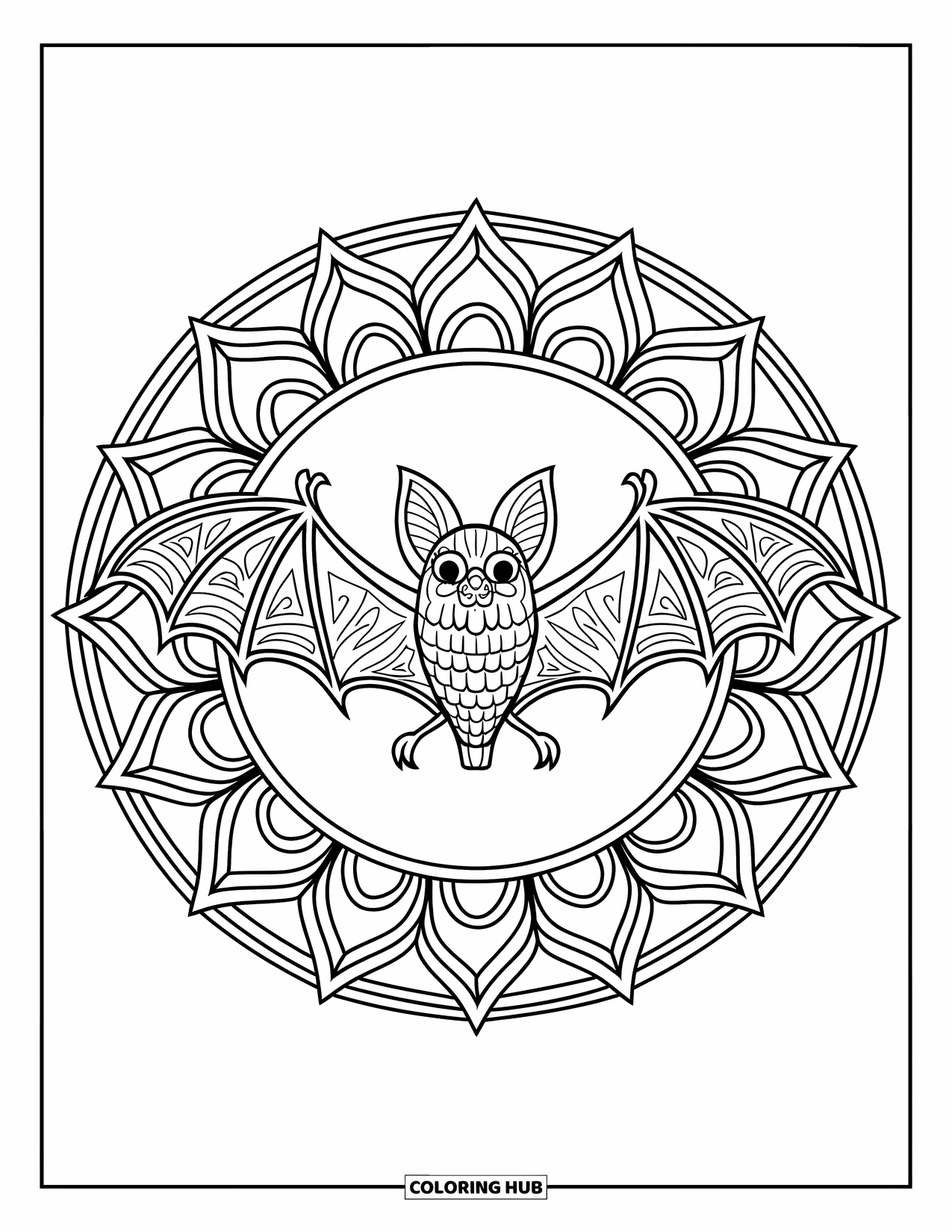 Fledermaus Ausmalbild für Erwachsene: Eine Fledermaus mit breiten Flügeln ist in einem kreisförmigen Mandala-Design zentriert