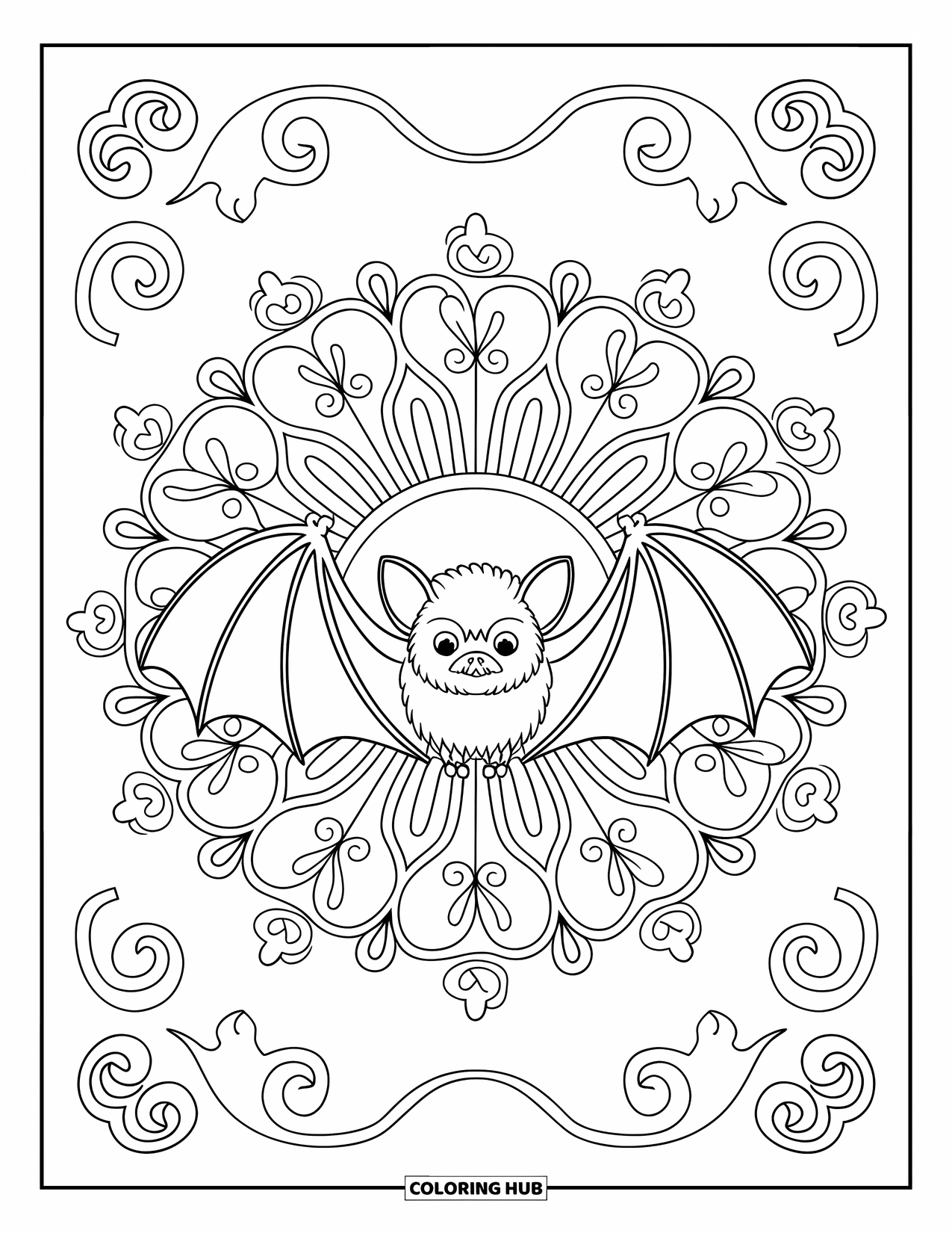 Fledermaus Ausmalbild für Erwachsene: Eine zentrale Fledermaus ist von kunstvollen, wirbelnden Filigranen in einem radialen Design umgeben
