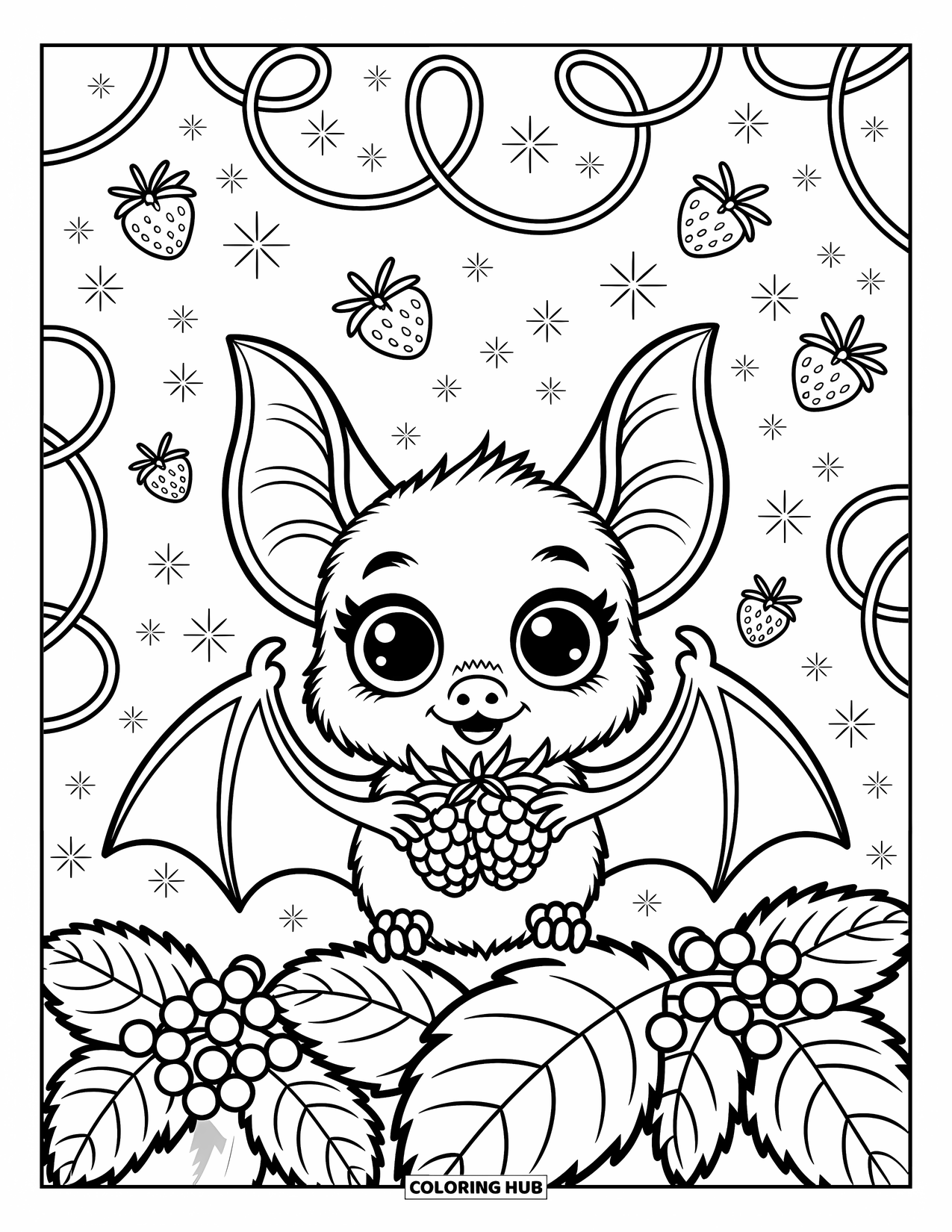 Fledermaus Ausmalbild für Erwachsene: Eine neugierige Fledermaus umklammert Himbeeren hinter einem Beerenstrauch mit Glitzer und flatternden Schmetterlingen