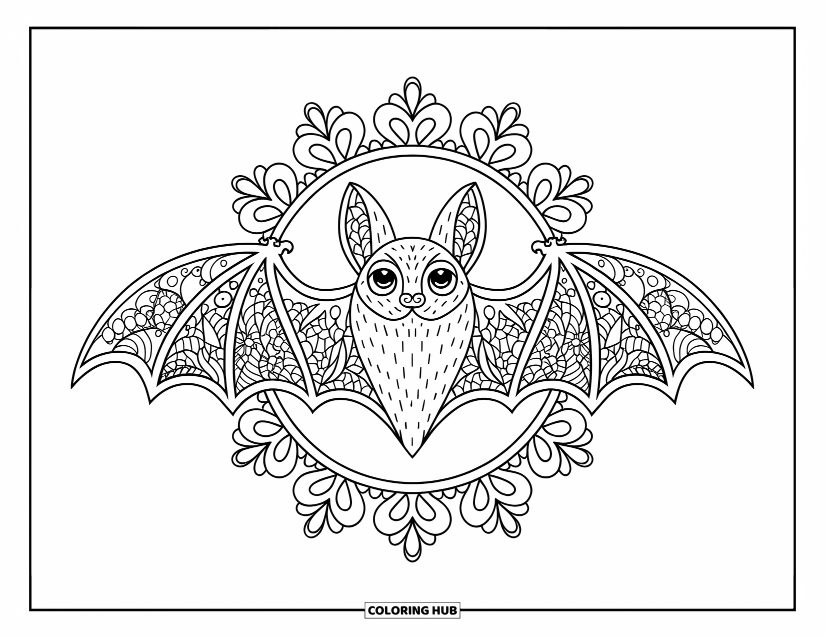 Fledermaus Ausmalbild für Erwachsene: Eine detaillierte Fledermaus mit gemusterten Flügeln sitzt inmitten gotischer Blumen-Mandalas