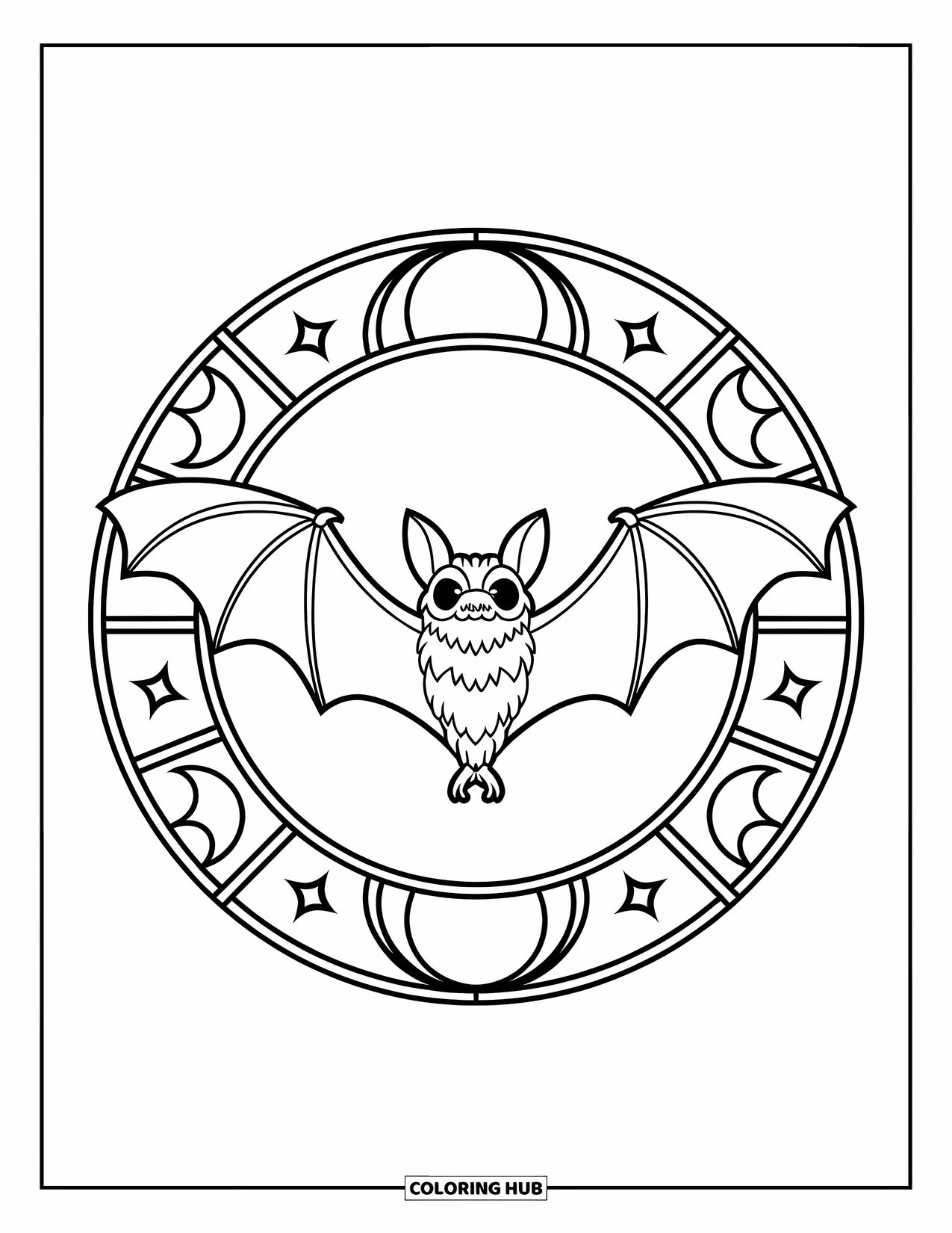 Fledermaus Ausmalbild für Erwachsene: Eine fliegende Fledermaus ist in einem kreisförmigen Buntglas-Design mit Sternen und Monden eingerahmt