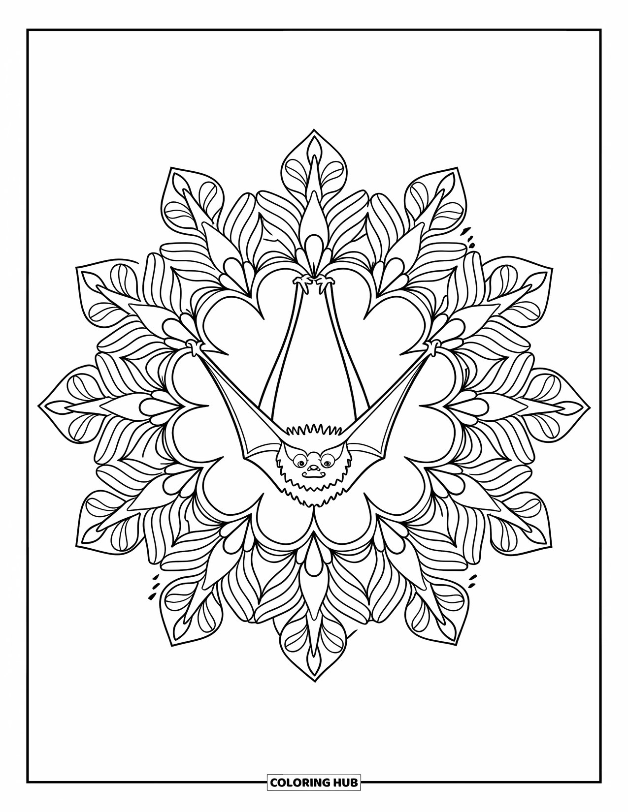 Fledermaus Ausmalbild für Erwachsene: Eine hängende Fledermaus ist in einem Mandala aus blättrigen Spiralen und Blütenblättern zentriert