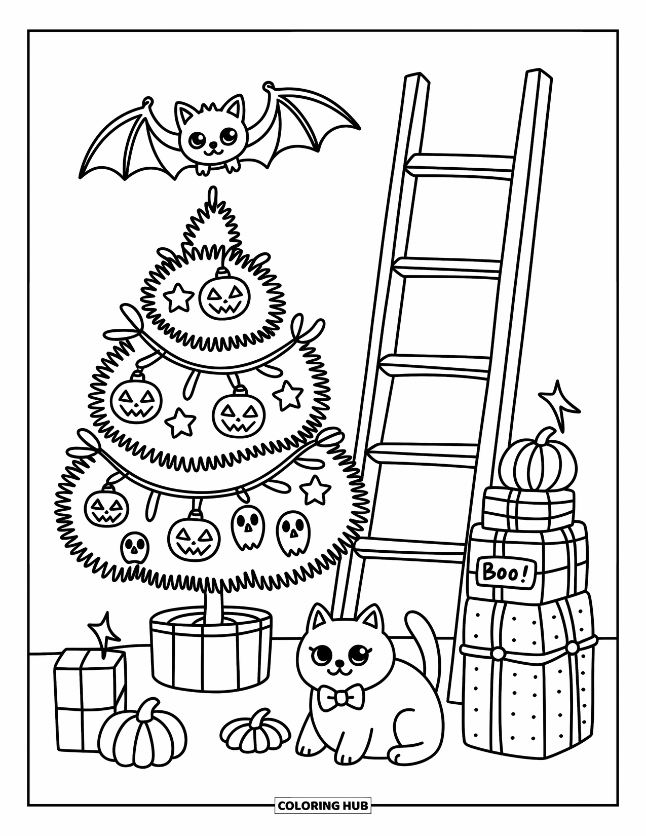 Fledermaus Ausmalbild für Erwachsene: Eine Kawaii-Fledermaus hängt an einem Halloween-Baum in der Nähe einer Katze und Geschenken mit der Aufschrift BOO!