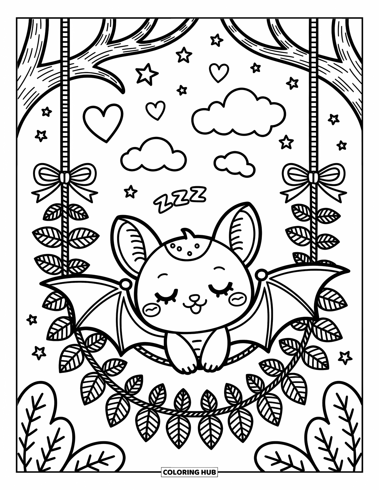 Fledermaus Ausmalbild für Erwachsene: Eine Kawaii-Fledermaus schläft in einer Blätter-Hängematte unter verträumten Wolken und funkelnden Verzierungen