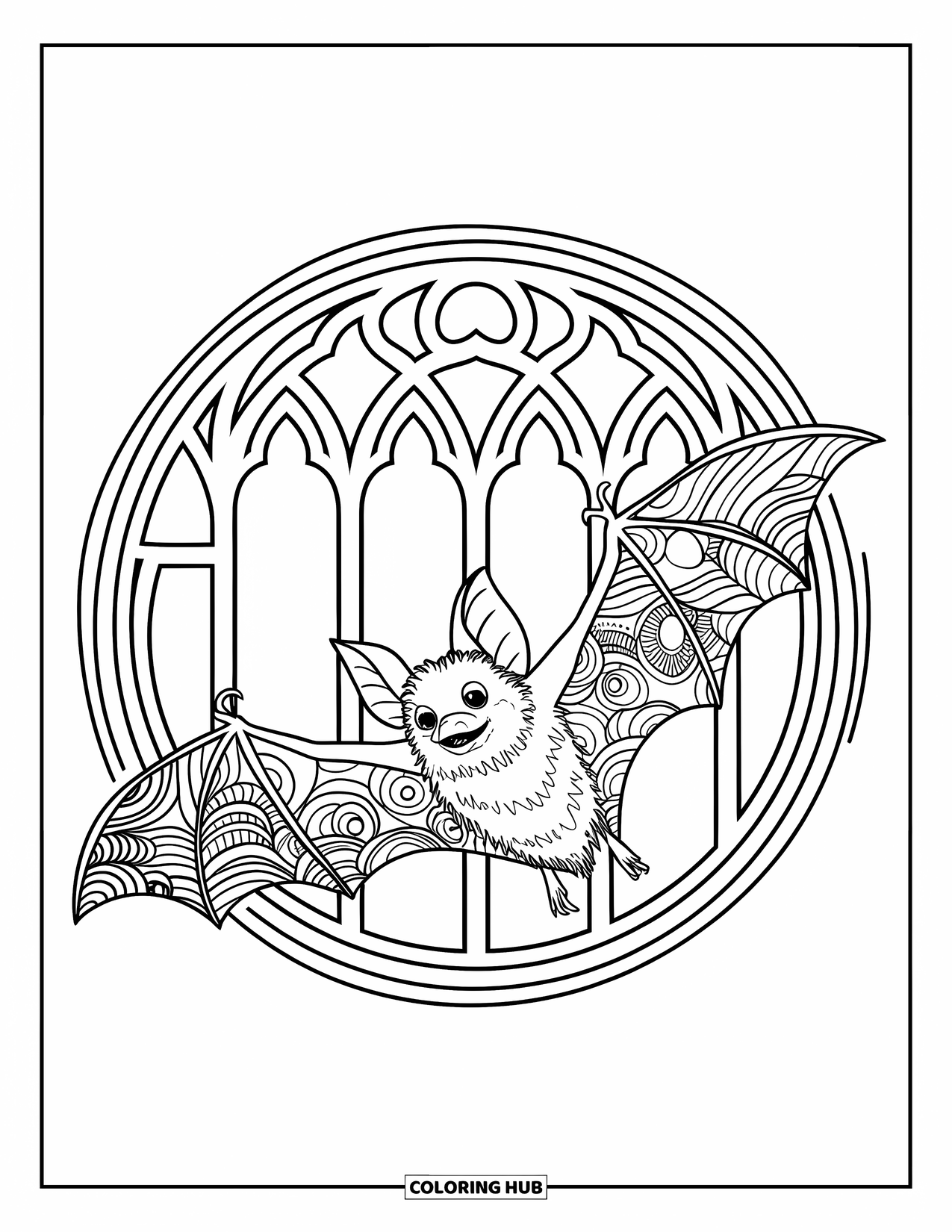 Fledermaus Ausmalbild für Erwachsene: Eine Fledermaus im Flug wird von spitzenartigen Bögen und detaillierten Zentangle-Federn eingerahmt