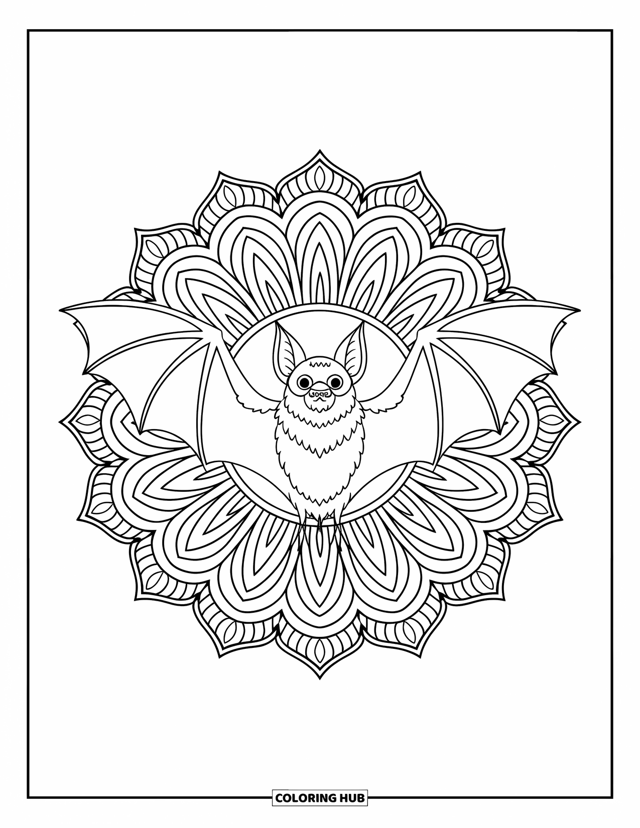 Fledermaus Ausmalbild für Erwachsene: Eine Fledermaus mit ausgebreiteten Flügeln sitzt im Zentrum eines strahlenden Mandalas