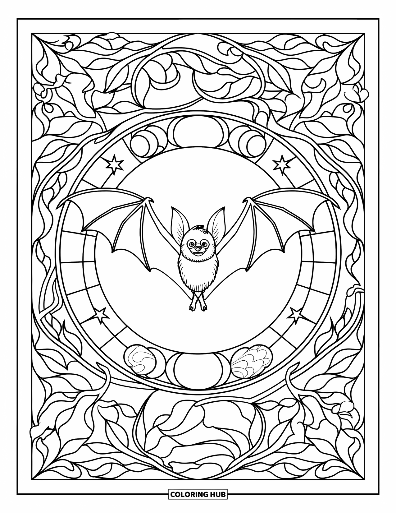 Fledermaus Ausmalbild für Erwachsene: Ein Kreis im Buntglas-Stil mit Monden und Ranken umgibt eine fliegende Fledermaus