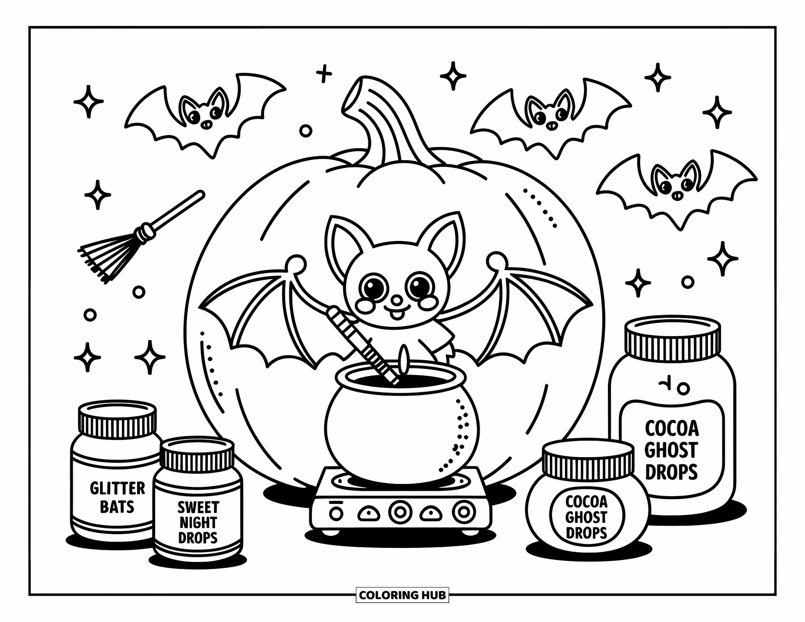 Fledermaus Ausmalbild für Erwachsene: Eine winzige Fledermaus braut in einem Kürbislabor, während Fledermäuse auf Besenstielen durch die Luft wirbeln