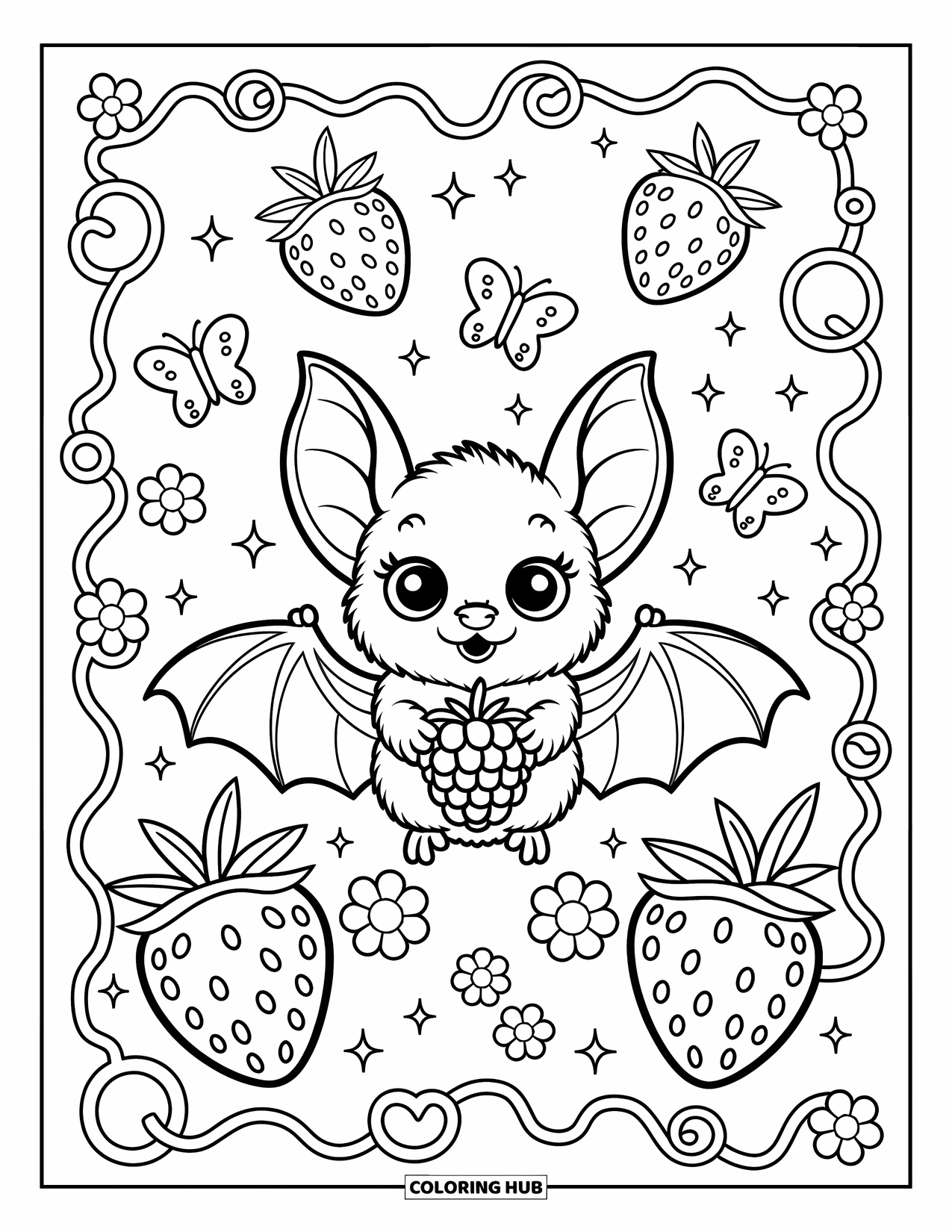 Fledermaus Ausmalbild für Erwachsene: Eine winzige Fledermaus hält Himbeeren hinter einem Busch mit schwebenden Erdbeeren, Blumen und Schmetterlingen