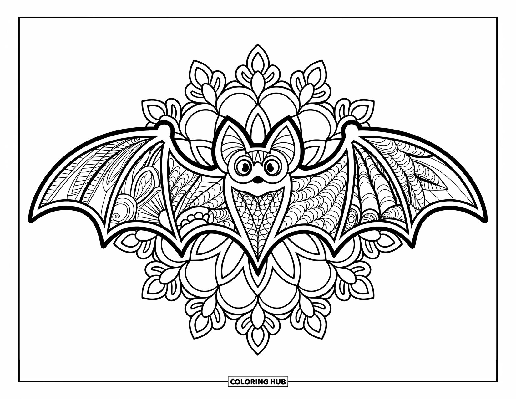 Fledermaus Ausmalbild für Erwachsene: Eine mit Zentangle gefüllte Fledermaus ist von gotischen floralen Mandala-Details umgeben