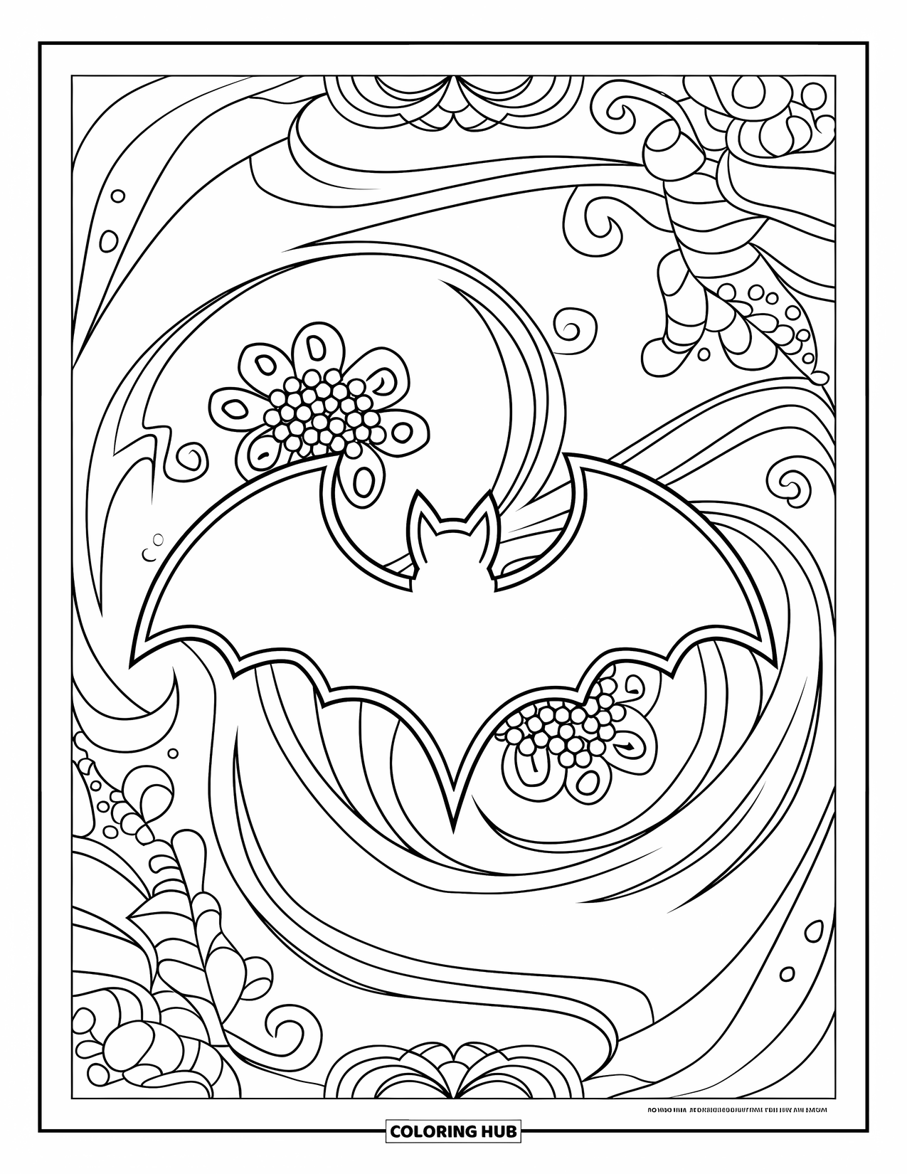 Fledermaus Ausmalbild für Erwachsene: Blumige Schnörkel und Zentangle-Muster umgeben eine Fledermaus-Silhouette