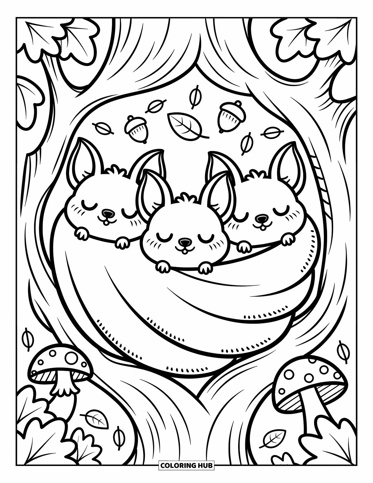 Fledermaus Ausmalbild für Erwachsene: Verschlafene Fledermäuse kuscheln sich in einer gemütlichen Höhle mit Eicheln, Pilzen und verstreuten Blättern zusammen