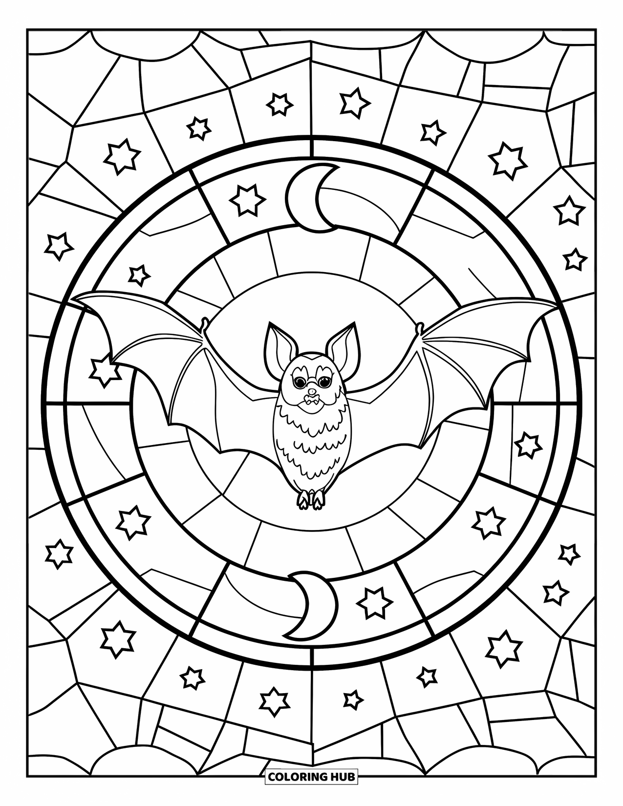 Fledermaus Ausmalbild für Erwachsene: Buntglas-Segmente aus Sternen und Monden umkreisen eine zentrale fliegende Fledermaus