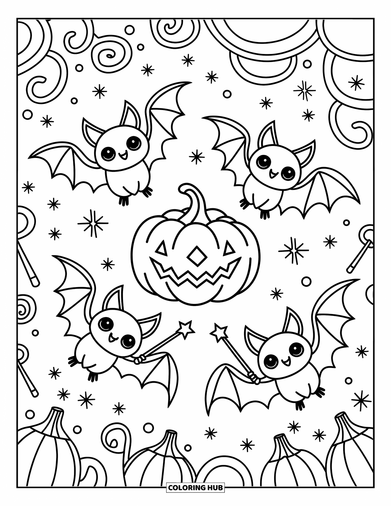 Fledermaus Ausmalbild für Erwachsene: Drei Fledermäuse umkreisen einen leuchtenden Kristallkürbis mit Glitzer, Tränken und Wirbeln in der Luft