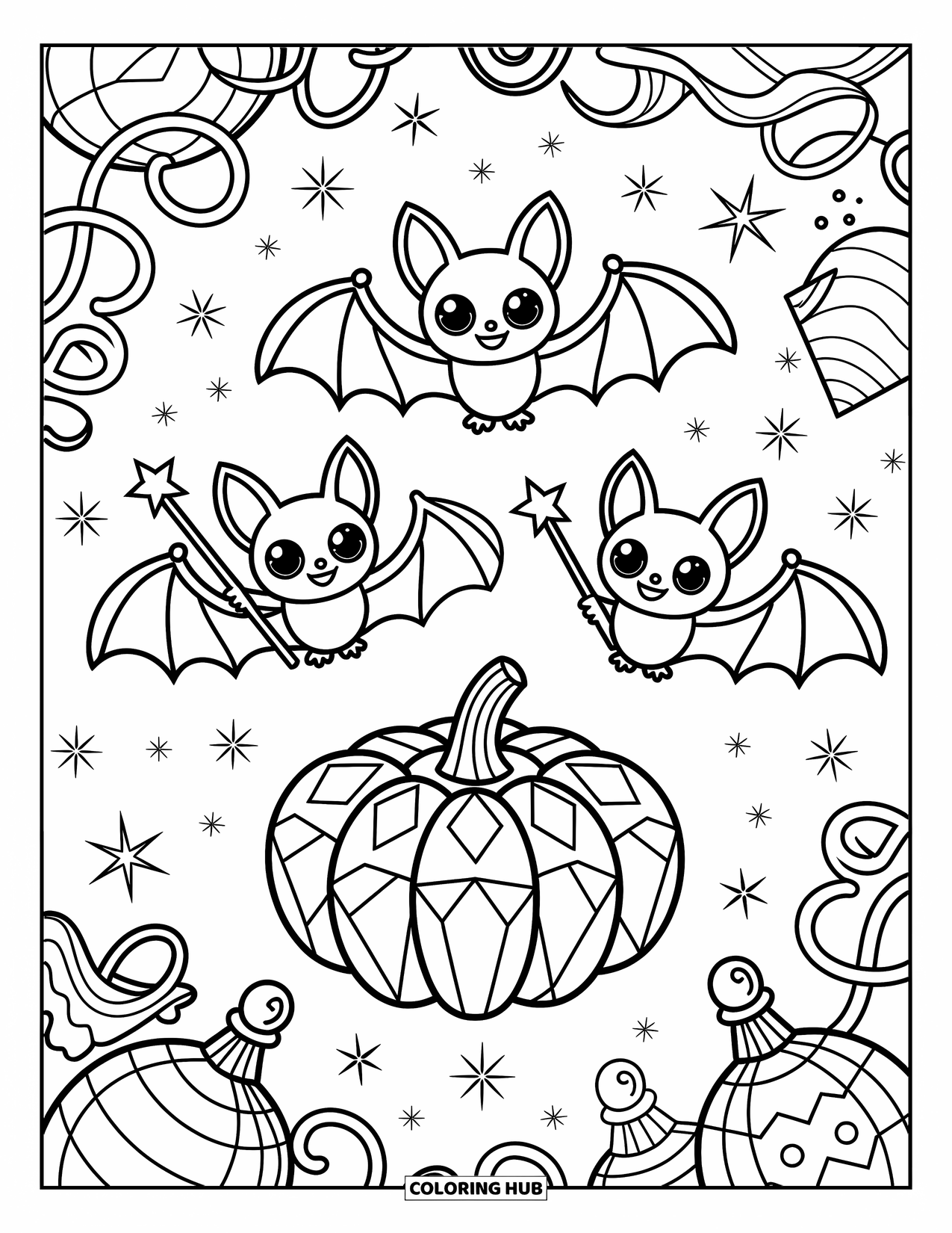 Fledermaus Ausmalbild für Erwachsene: Drei Fledermäuse mit Zauberstäben wirbeln um einen leuchtenden Kristallkürbis mit Glitzer rundherum
