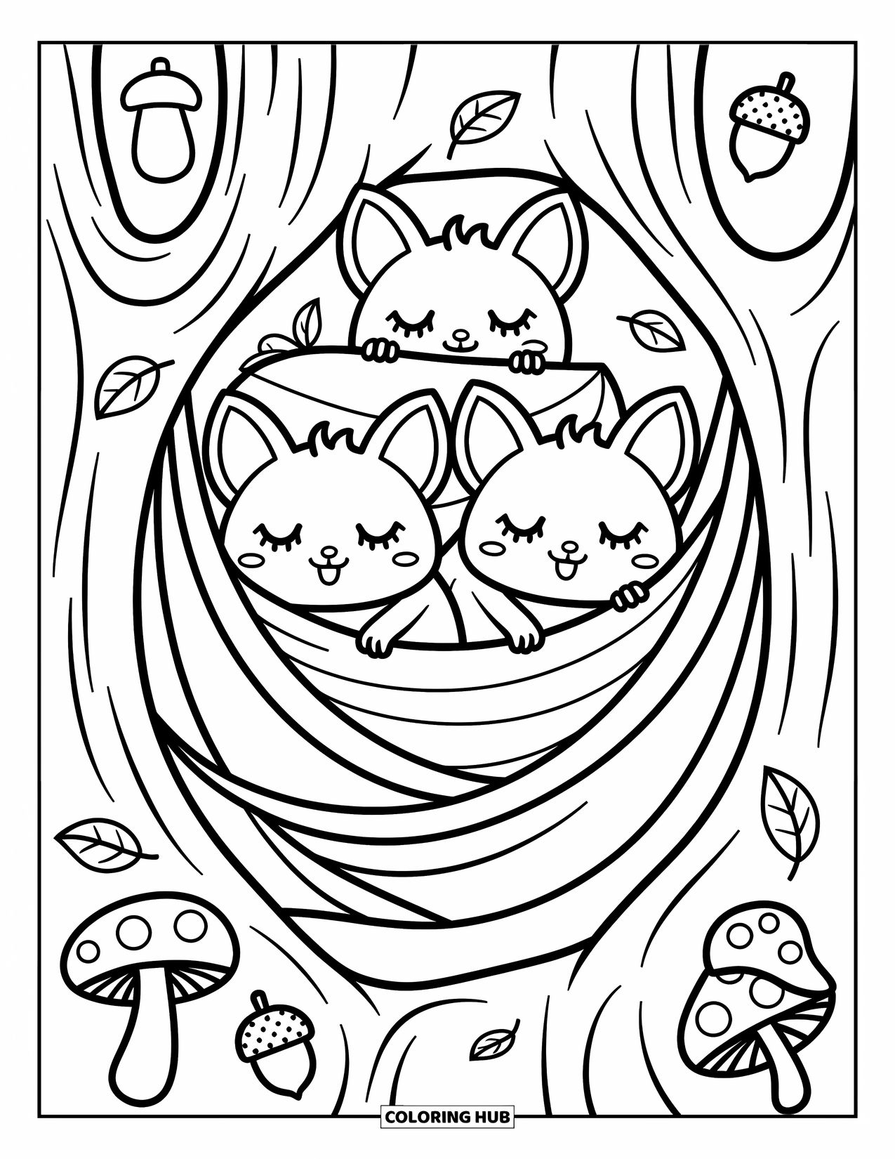 Fledermaus Ausmalbild für Erwachsene: Drei kuschelige Fledermäuse dösen in einem hohlen Baum mit winzigen Pilzen und skurrilen Blättern