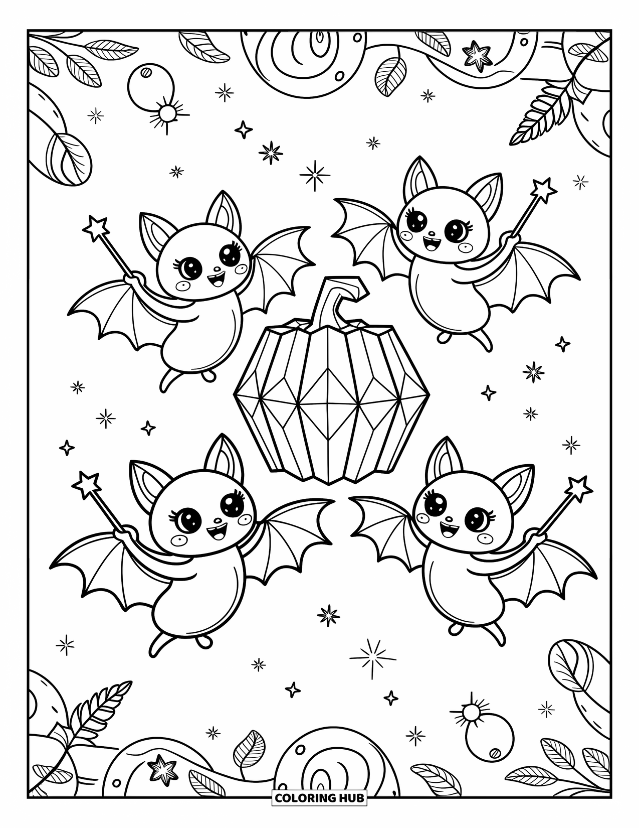 Fledermaus Ausmalbild für Erwachsene: Drei magische Fledermäuse fliegen im Kreis um einen schwebenden, leuchtenden Kristallkürbis