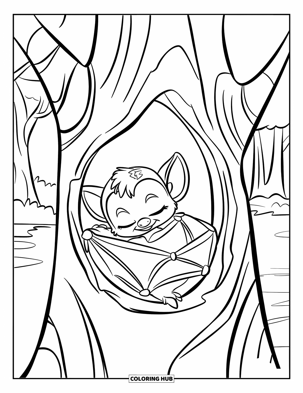 Fledermaus Ausmalbild für Kinder: Eine Baby-Fledermaus rollt sich in einem Baum in einem friedlichen Wald mit belaubten Ästen zusammen