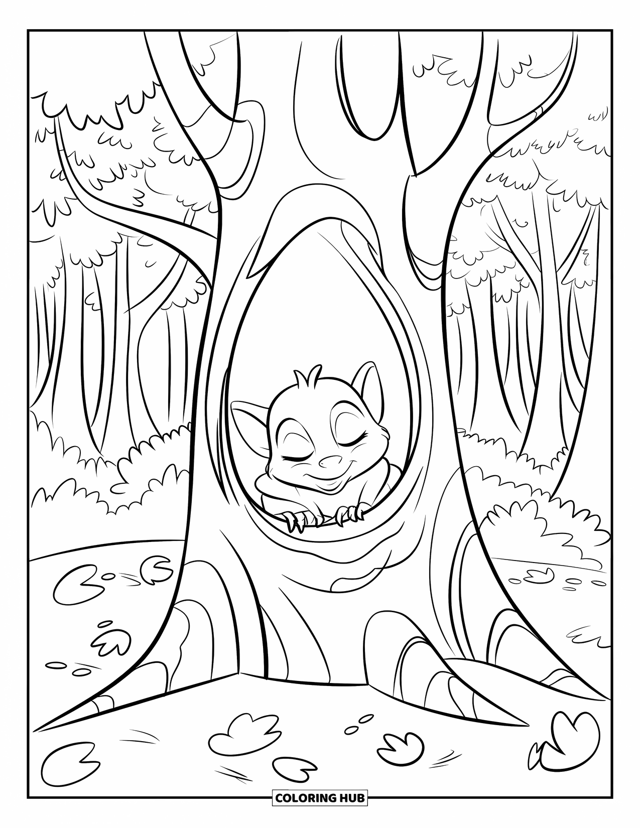 Fledermaus Ausmalbild für Kinder: Eine Baby-Fledermaus schläft in einem hohlen Baum, umgeben von Blättern und nahegelegenen Bäumen