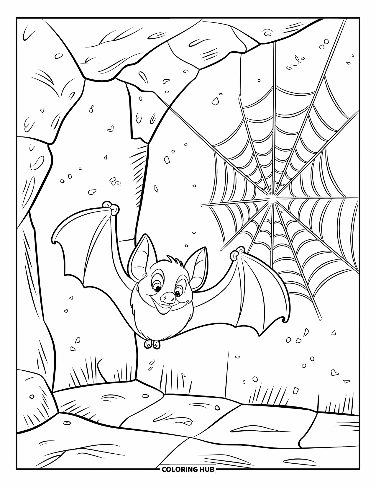 Fledermaus Ausmalbild für Kinder: Eine Fledermaus und ein Spinnennetz hängen in einer dunklen Höhle voller rauer Steinwände