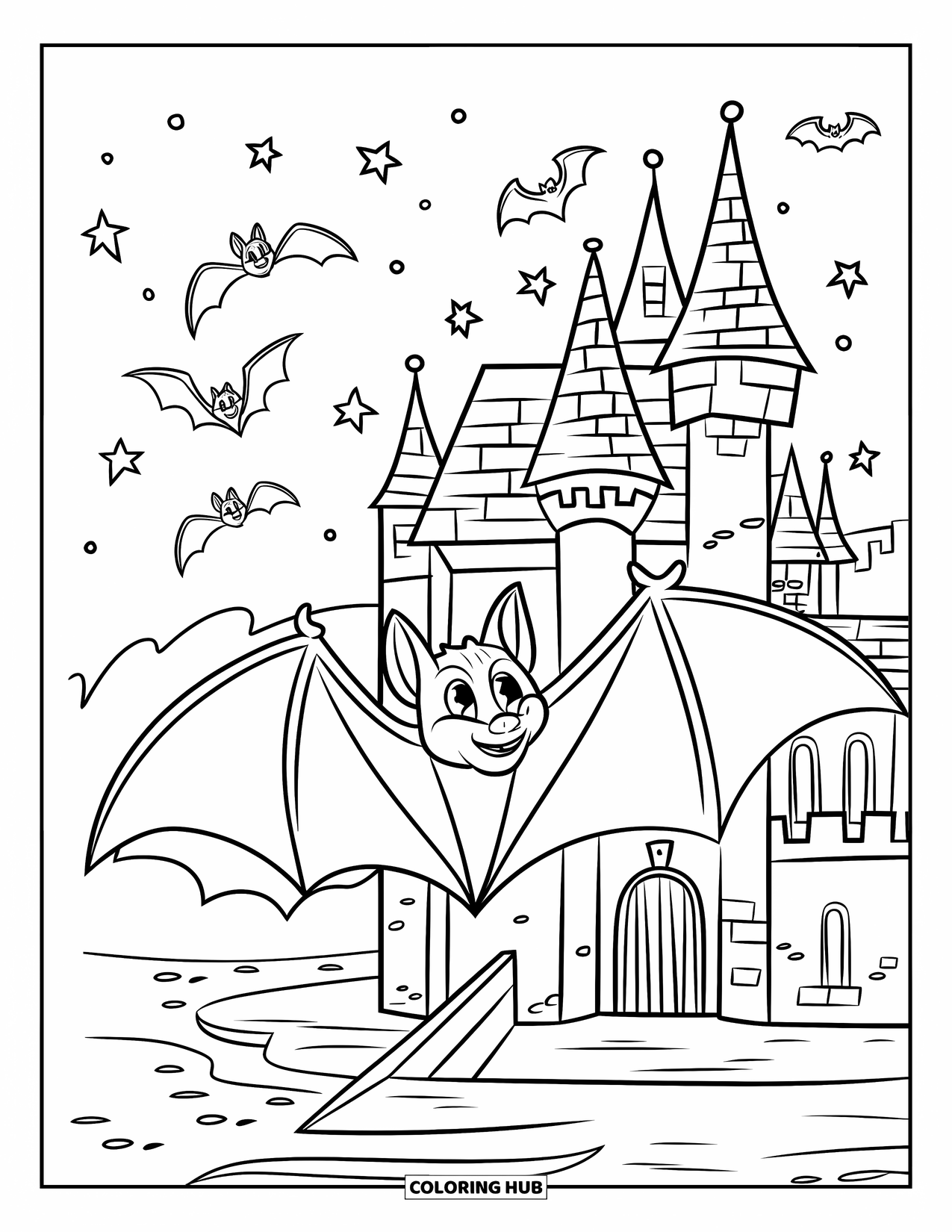 Fledermaus Ausmalbild für Kinder: Eine Fledermaus umkreist ein Schloss mit Türmen, einem Wassergraben und einem Himmel voller Sterne