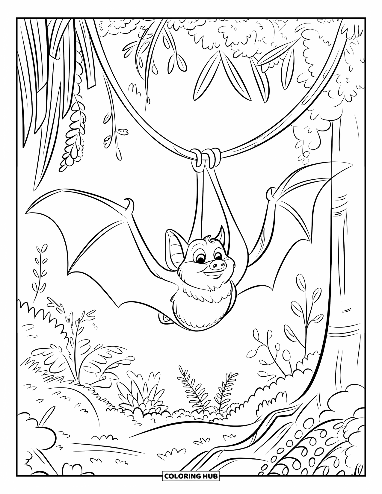 Fledermaus Ausmalbild für Kinder: Eine Fledermaus baumelt kopfüber an einer Ranke in einem üppigen, pflanzenreichen Wald