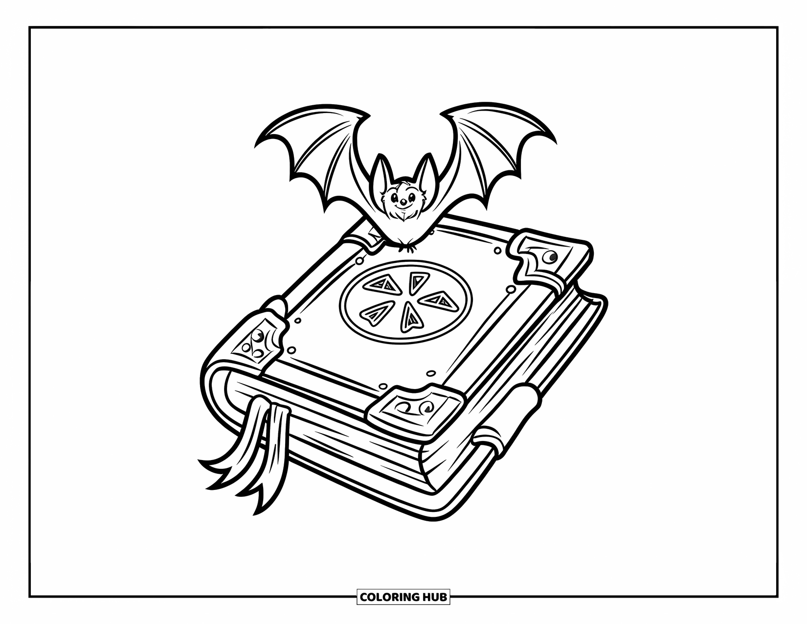 Fledermaus Ausmalbild für Kinder: Eine Fledermaus taucht aus einem leuchtenden Zauberbuch mit eingravierten Runen und schwebenden Funken auf
