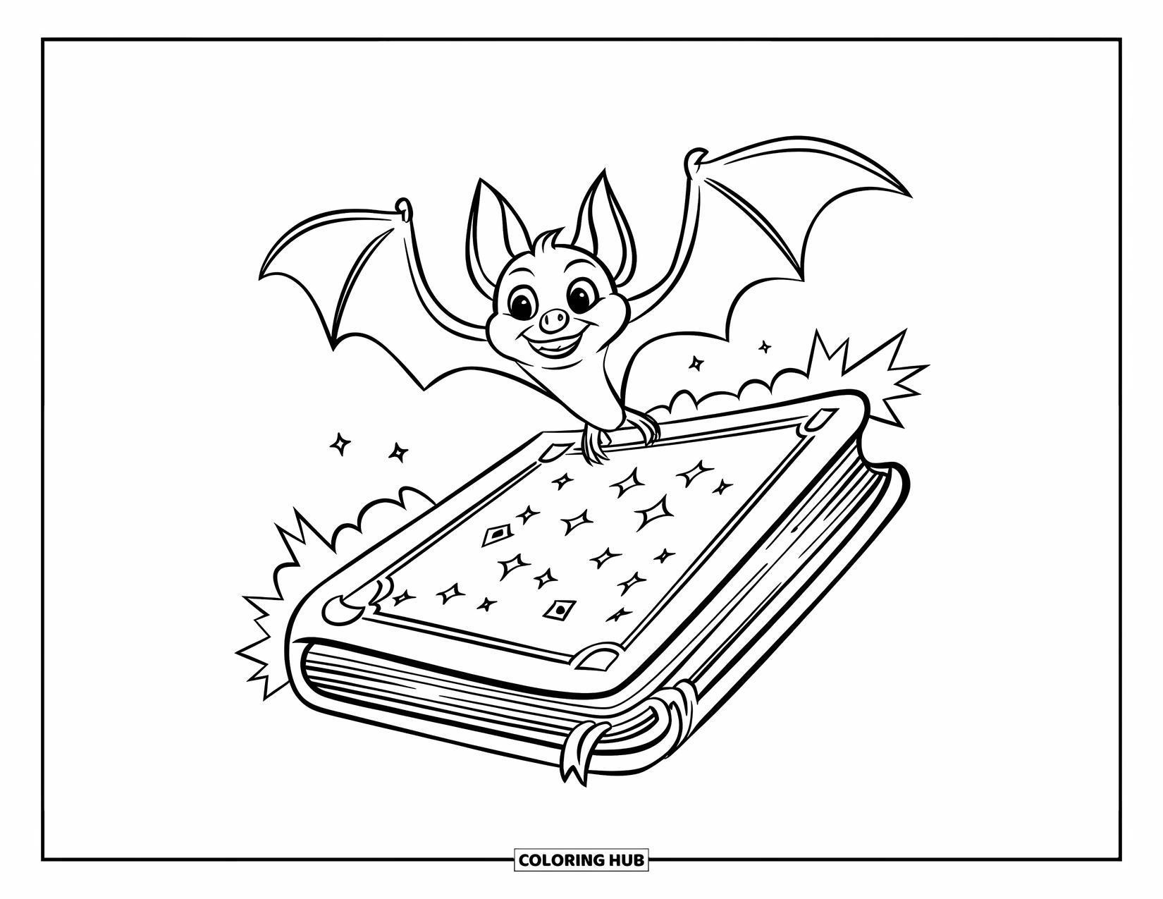 Fledermaus Ausmalbild für Kinder: Eine Fledermaus entkommt einem schwebenden Zauberbuch voller Runen und magischer Energie