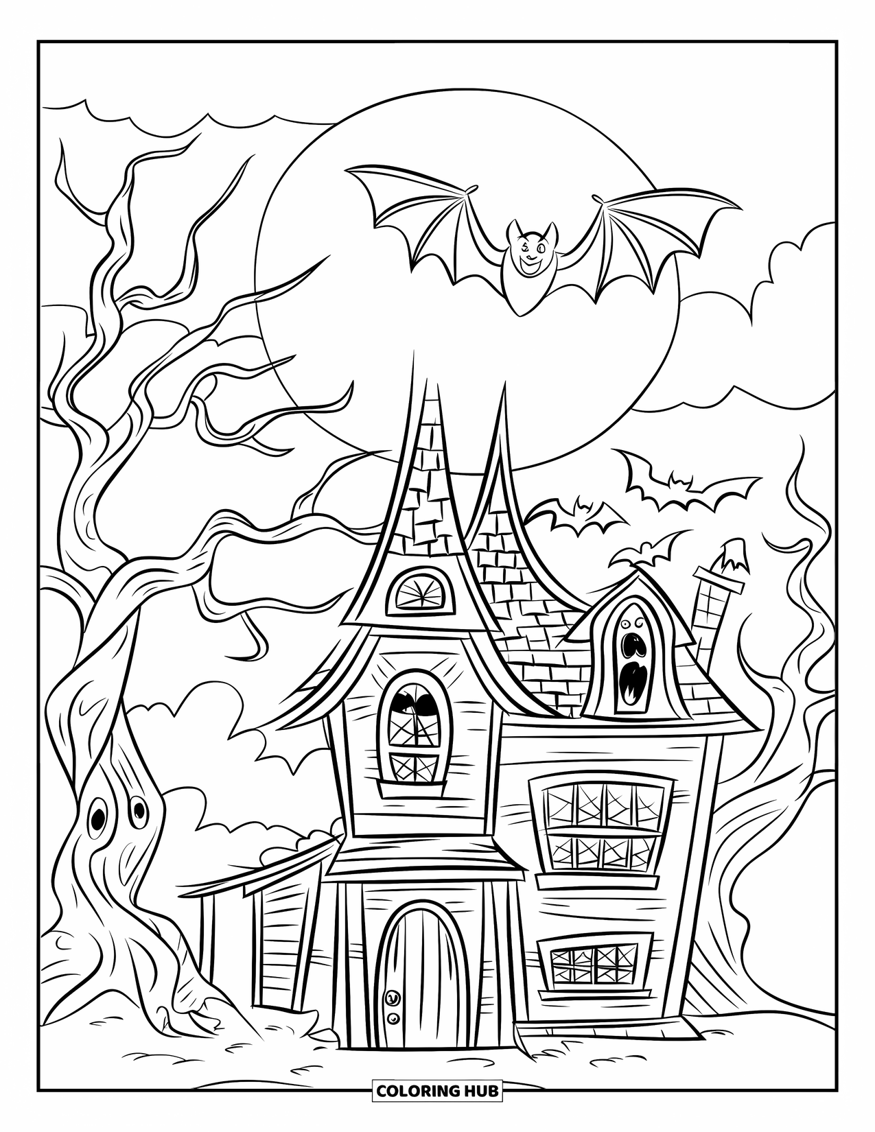 Fledermaus Ausmalbild für Kinder: Eine Fledermaus fliegt über ein Spukhaus mit schiefen Fenstern und bewölktem Himmel