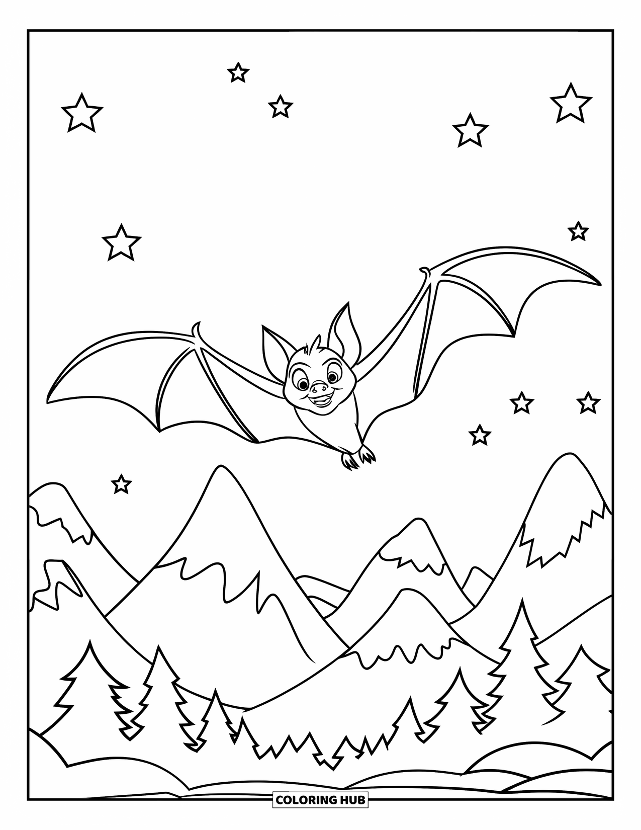 Fledermaus Ausmalbild für Kinder: Eine Fledermaus fliegt über einen kleinen Wald, Sterne funkeln über Bergformen