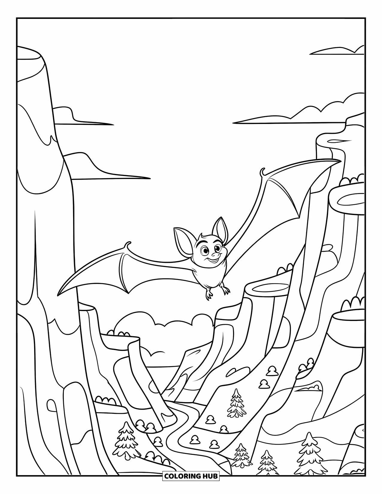 Fledermaus Ausmalbild für Kinder: Eine Fledermaus fliegt hoch über Klippen und einem gewundenen Fluss durch ein üppiges Tal