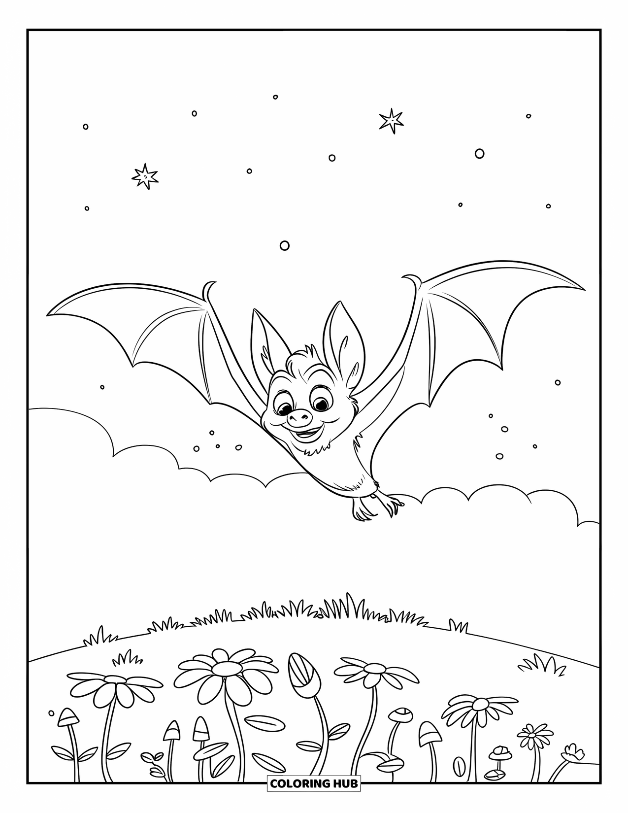 Fledermaus Ausmalbild für Kinder: Eine Fledermaus fliegt tief über einem blumenbedeckten Hügel unter einem sternenklaren Himmel