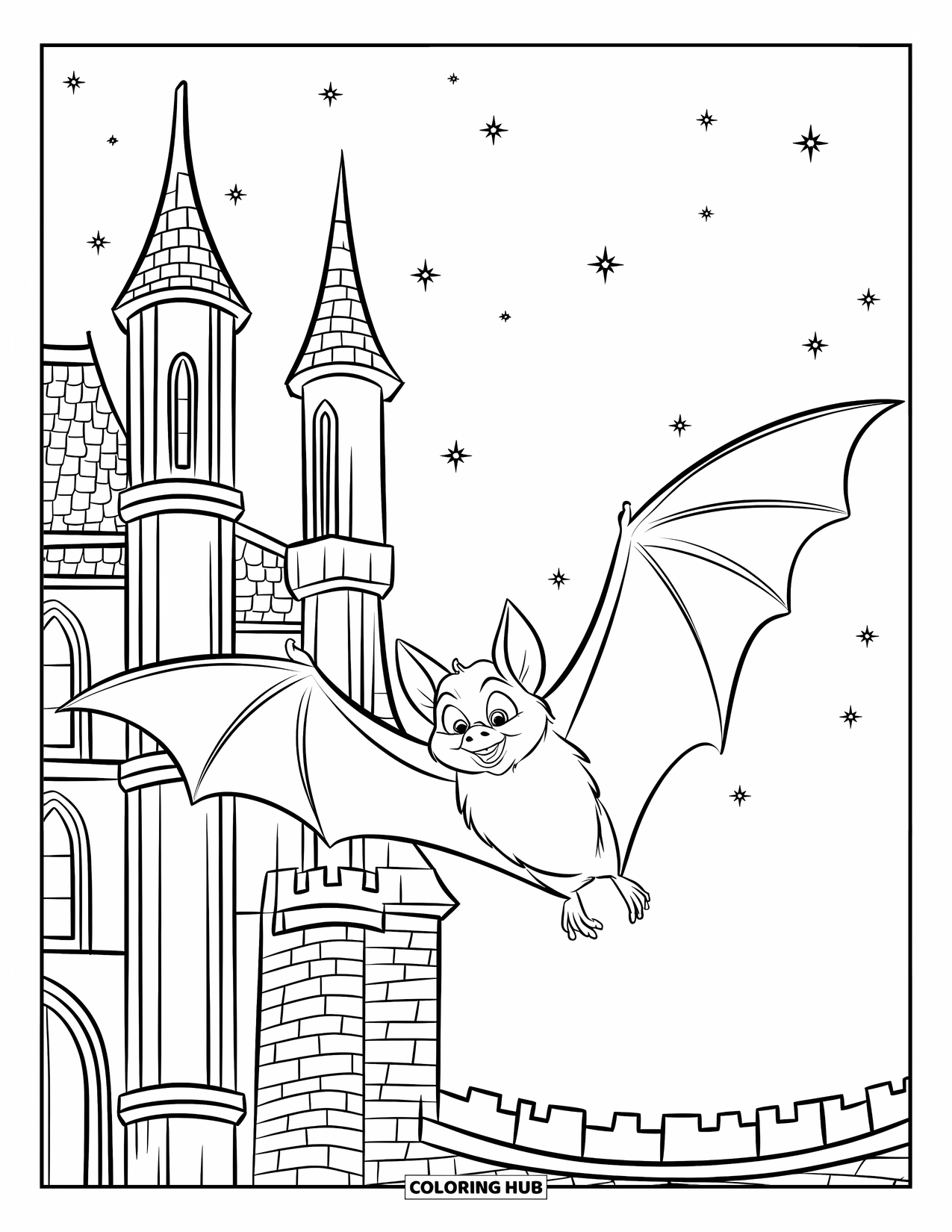 Fledermaus Ausmalbild für Kinder: Eine Fledermaus fliegt in der Nähe eines gotischen Schlosses mit hohen Türmen und einem Sternenhimmel